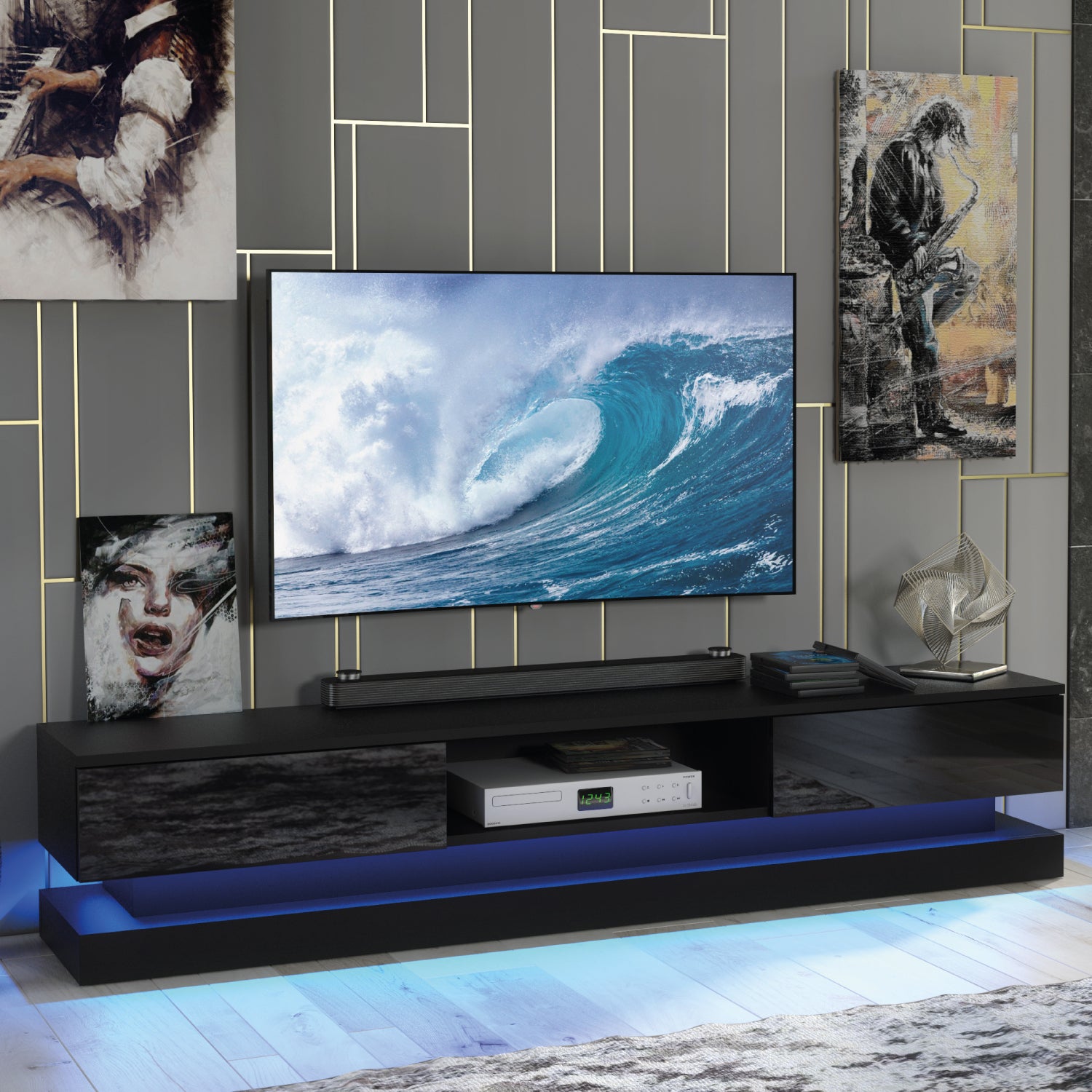 Bloom Tv Unit 180cm With Led Lights | Black