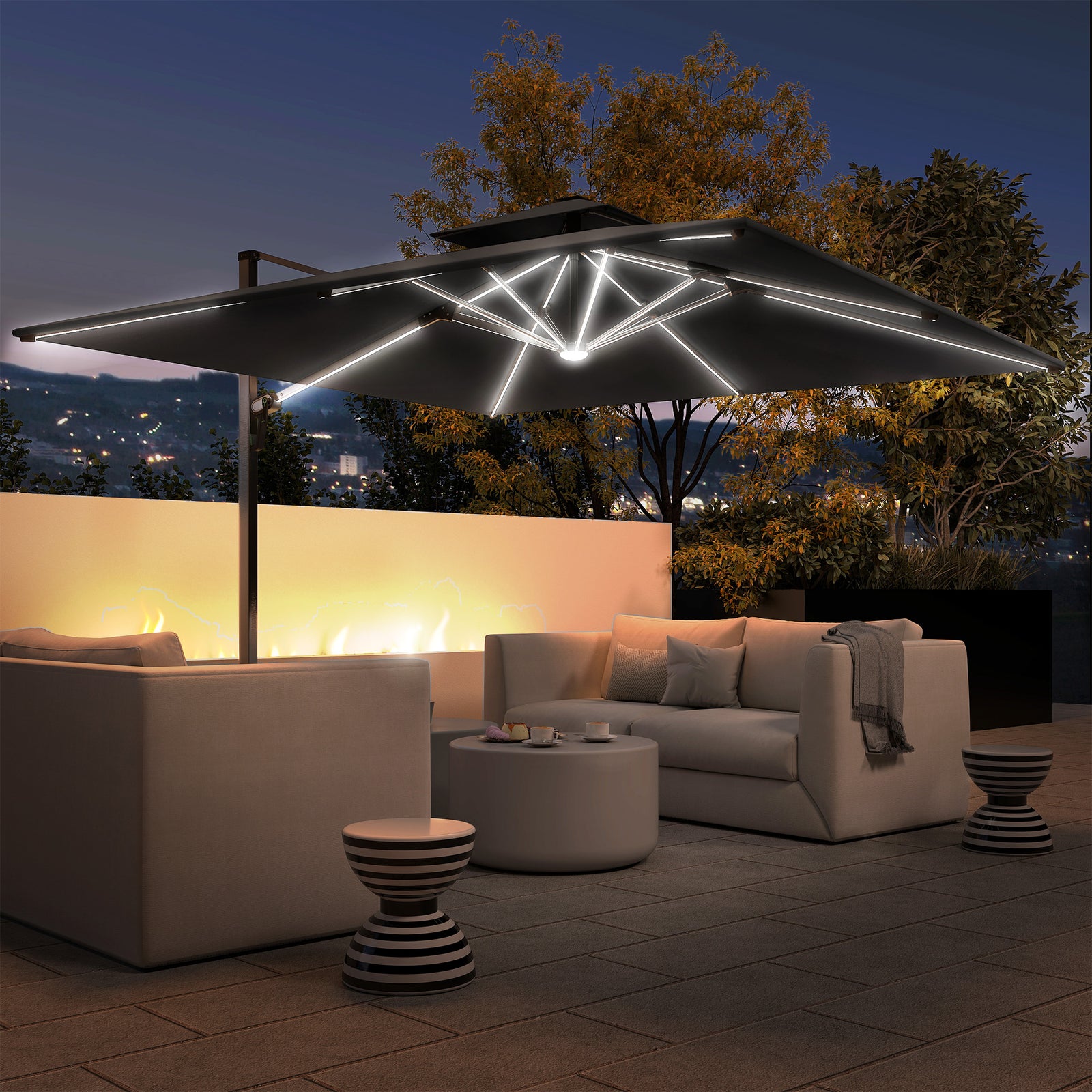 3m Garden Cantilever Parasol, Solar Led Lights