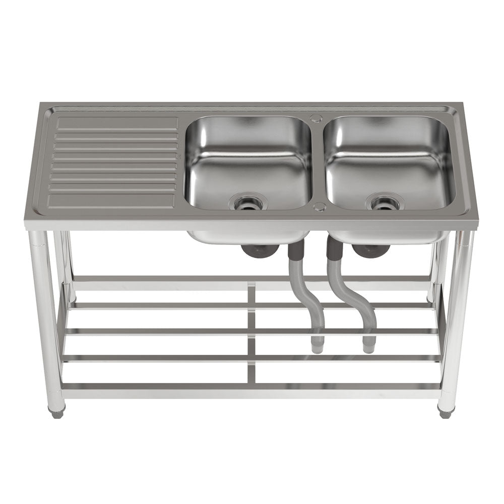 120cm W X 50cm D X 80cm H Stainless Steel 2 Compartments Commercial Sink With Drainboard