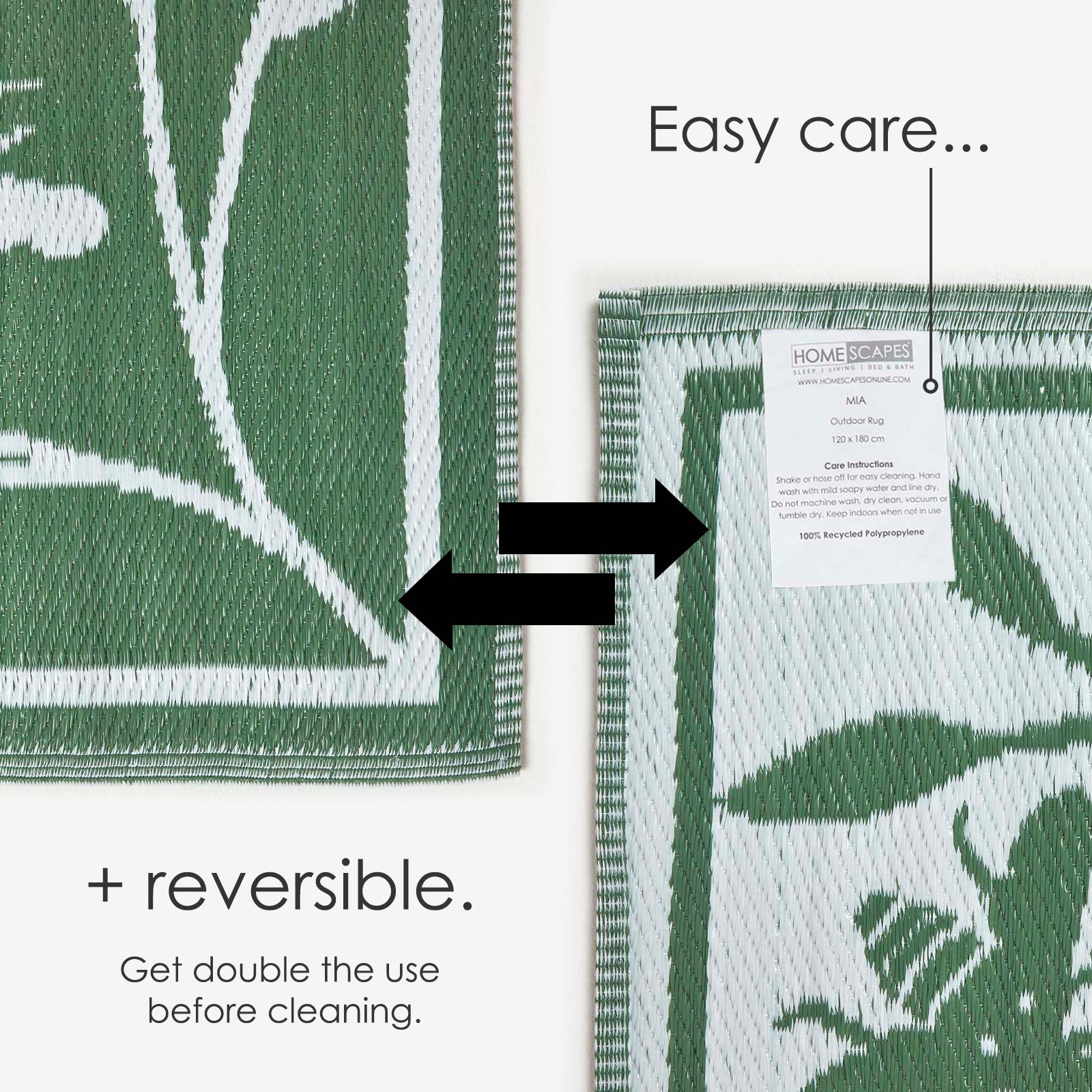 Luxury Outdoor Rug Waterproof Reversible For Garden Patio, Green Floral Bee