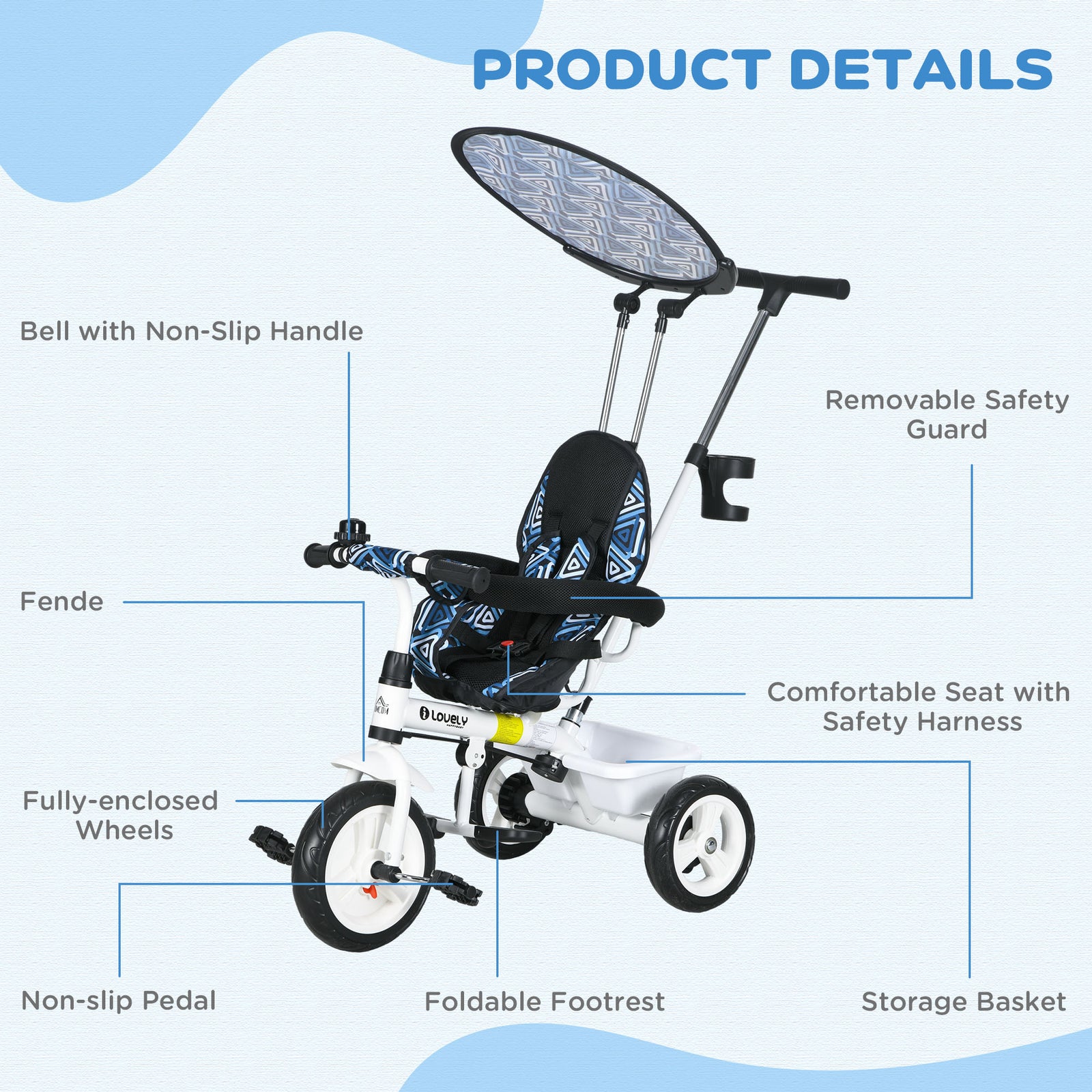 6 In 1 Kids Tricycle W/ Removable Handle For 1.5+ Year | Blue