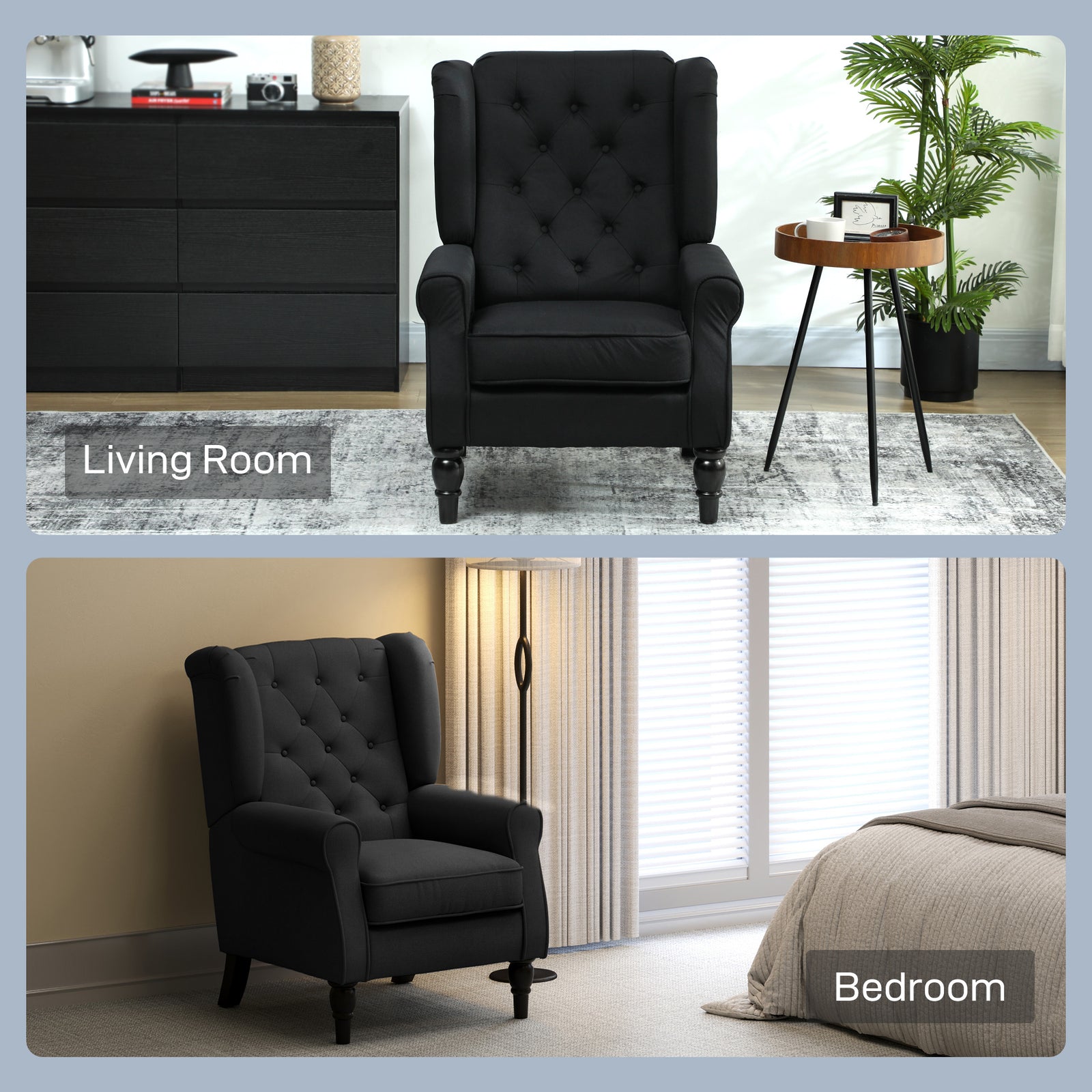 Accent Chair Wingback Armchair Retro Tufted Club Wood Fabric | Black
