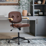Ergonomic Leather Office Chair with Wood Armrests - Brown