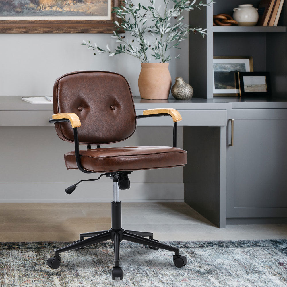Ergonomic Leather Office Chair with Wood Armrests - Brown