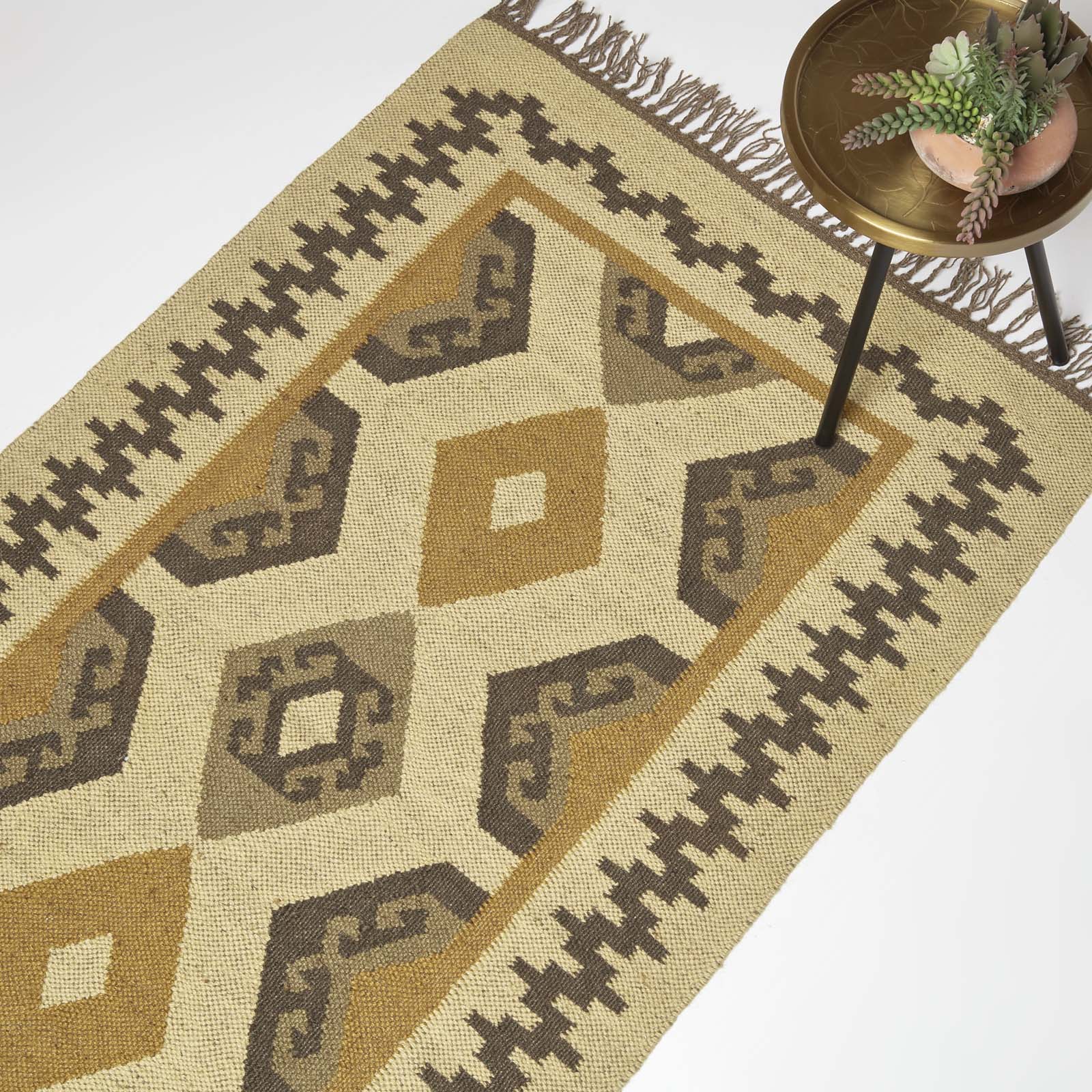 Ravar Brown & Gold Kilim Wool Rug | 150cm x 220cm | Brown