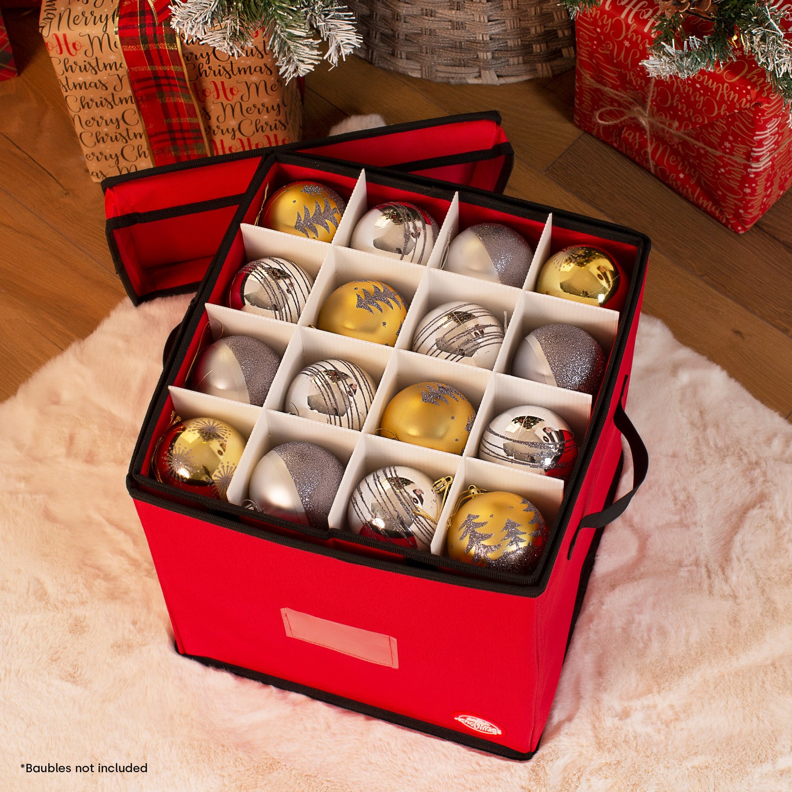 Collapsible Red 64 Bauble Storage Bag With Zipped Lid & Handles