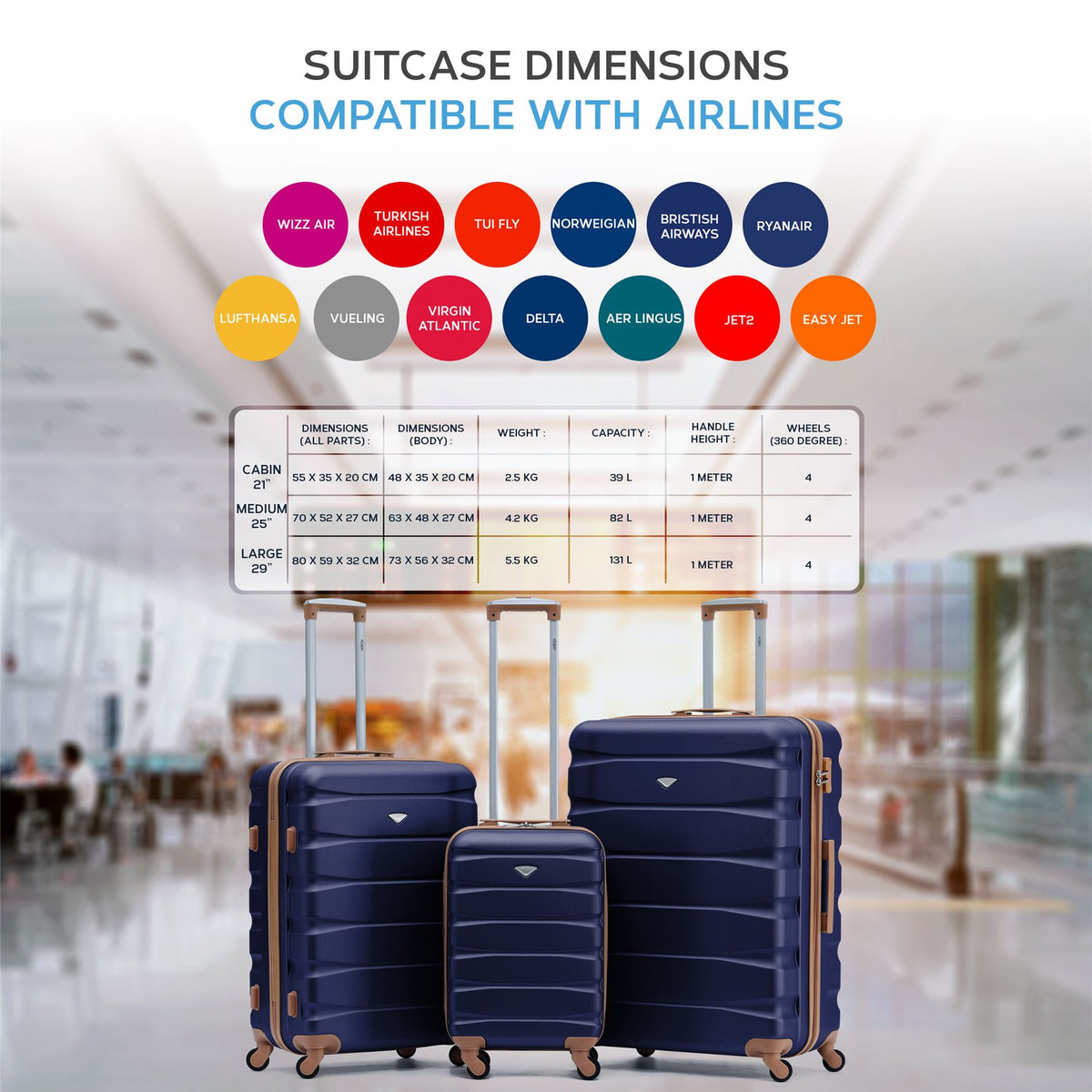 Set Of 3 Hard Shell Suitcase Cabin & Check In Cases With Tsa Lock - Overhead Cabin With Medium & Large Check-in Bag | Set of 3 | Navy & Tan
