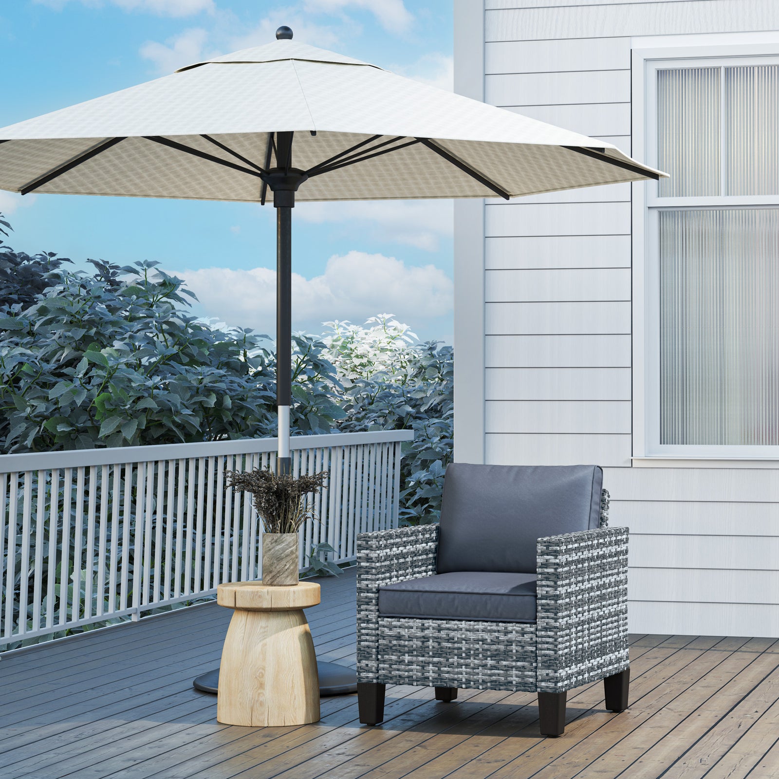 Single Rattan Chair, Garden Armchair W/ Cushions | Light Grey