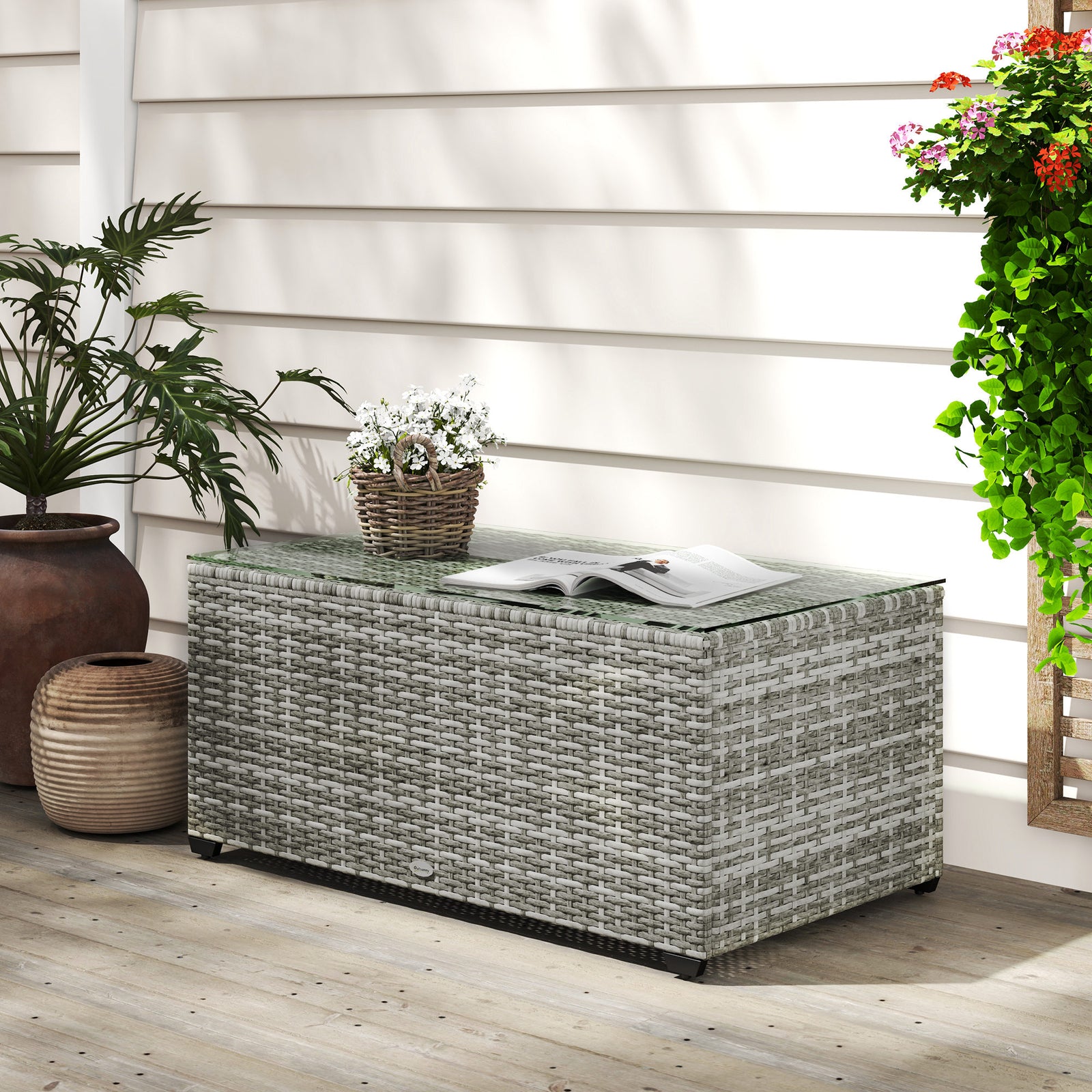 Outdoor Coffee Table, Glass Top Rattan Side Table | Light Grey
