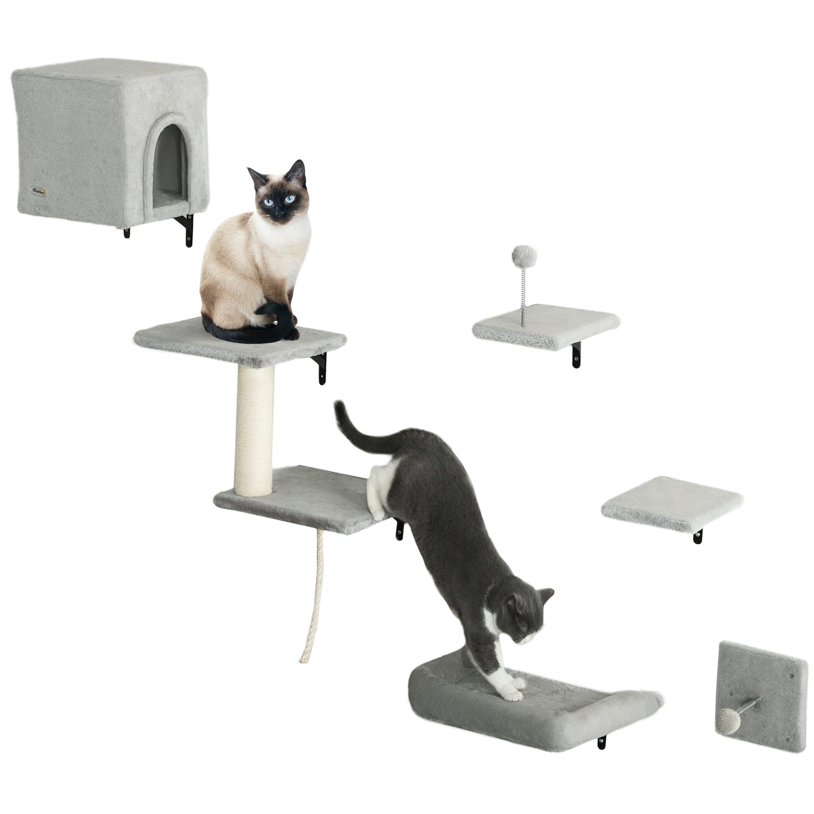 6-piece Cat Wall Shelves Set, Cat Wall Furniture With Condo, Grey