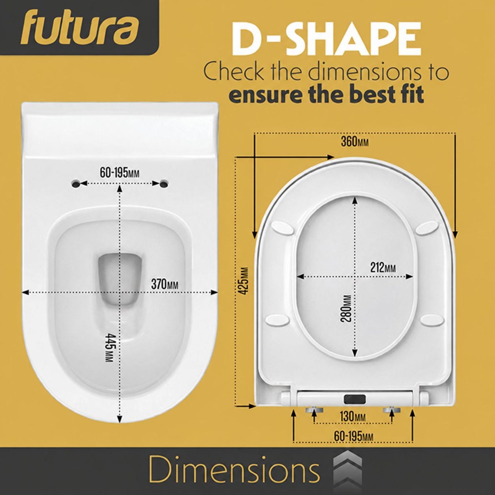 Toilet Seat Soft Close D Shape, Premium Thermoplastic, Quick Release, Top & Bottom Fixings | White