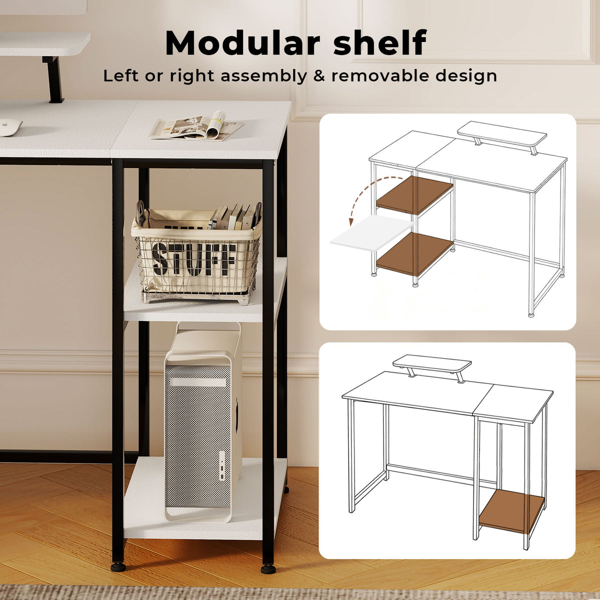 Computer Desk Home Office Table With Storage Shelves Monitor Stand | White