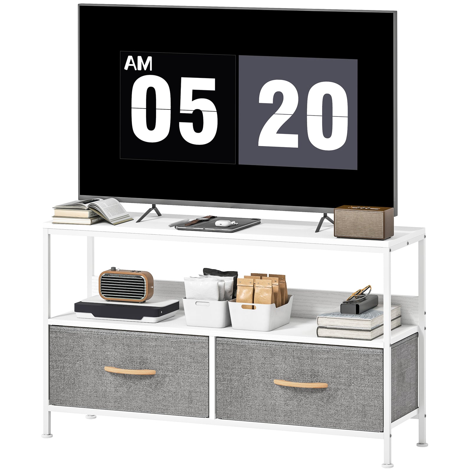 Tv Cabinet, Tv Console Unit With 2 Foldable Linen Drawers | White