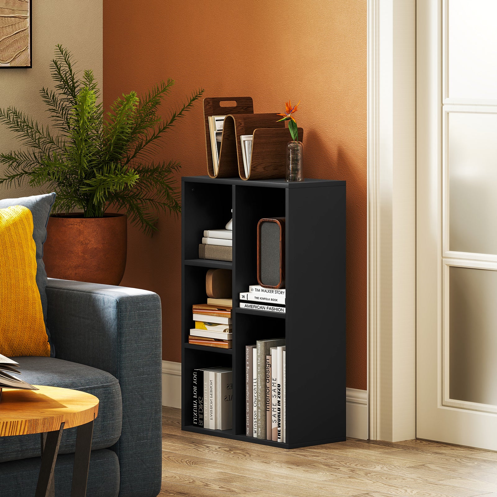 2-tier Bookshelf With 5 Open Storage Compartments | One Size | Black