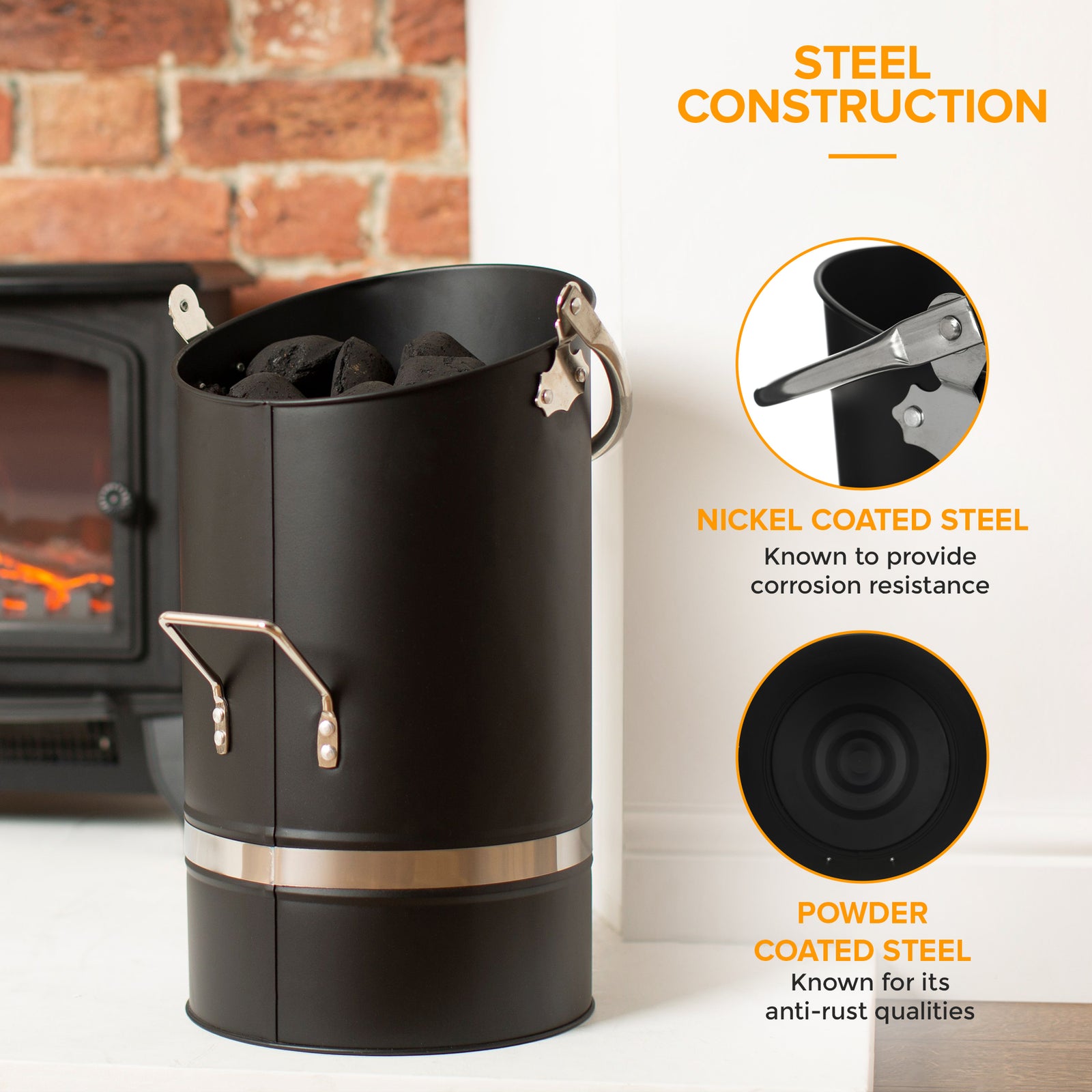 Fireplace Coal Bucket Ellipse Design With Nickel Coated Handle