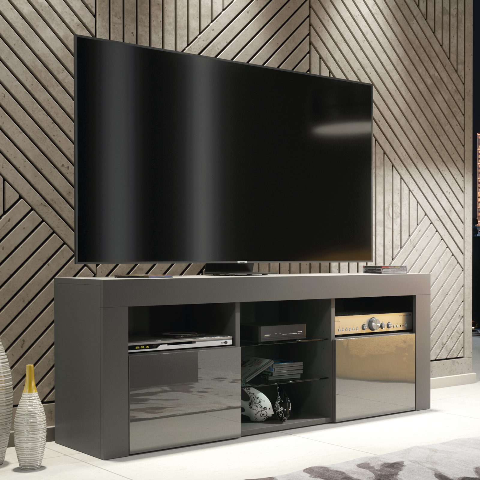 Pulse Tv Unit 145cm With Led Lights | Dark Grey