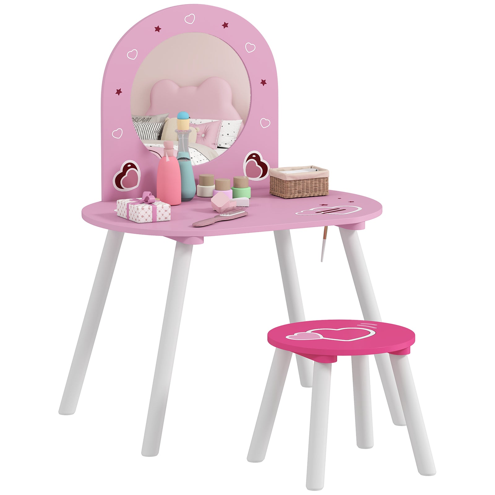 Kids Dressing Table With Mirror And Stool, Girls Vanity Set, Pink