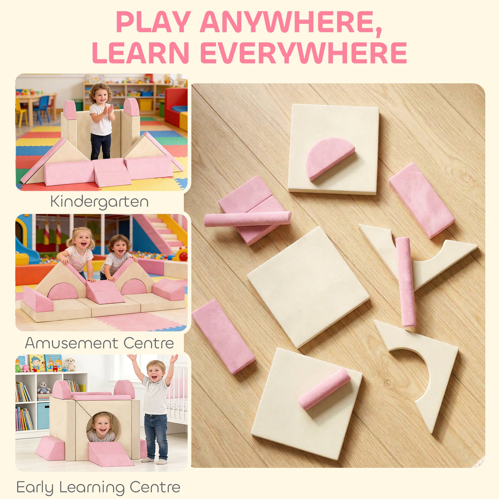 Kids Play Sofa, 12 Pieces Foam Modular Convertible Sofa | Pink