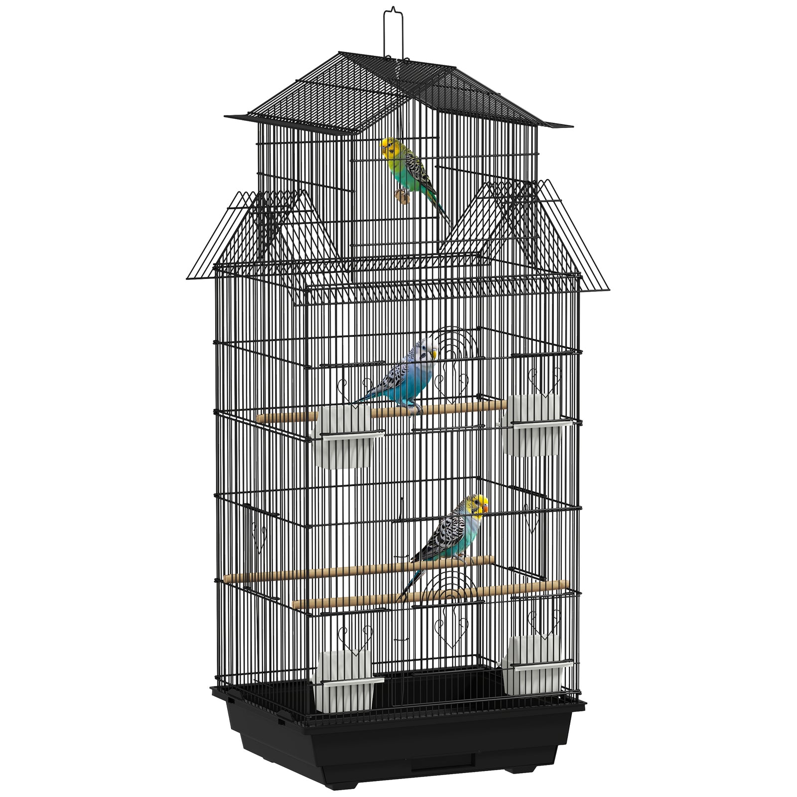 Metal Bird Cage W/ Perch, Food Container, Handle, For Finch, Canary | Small | Black