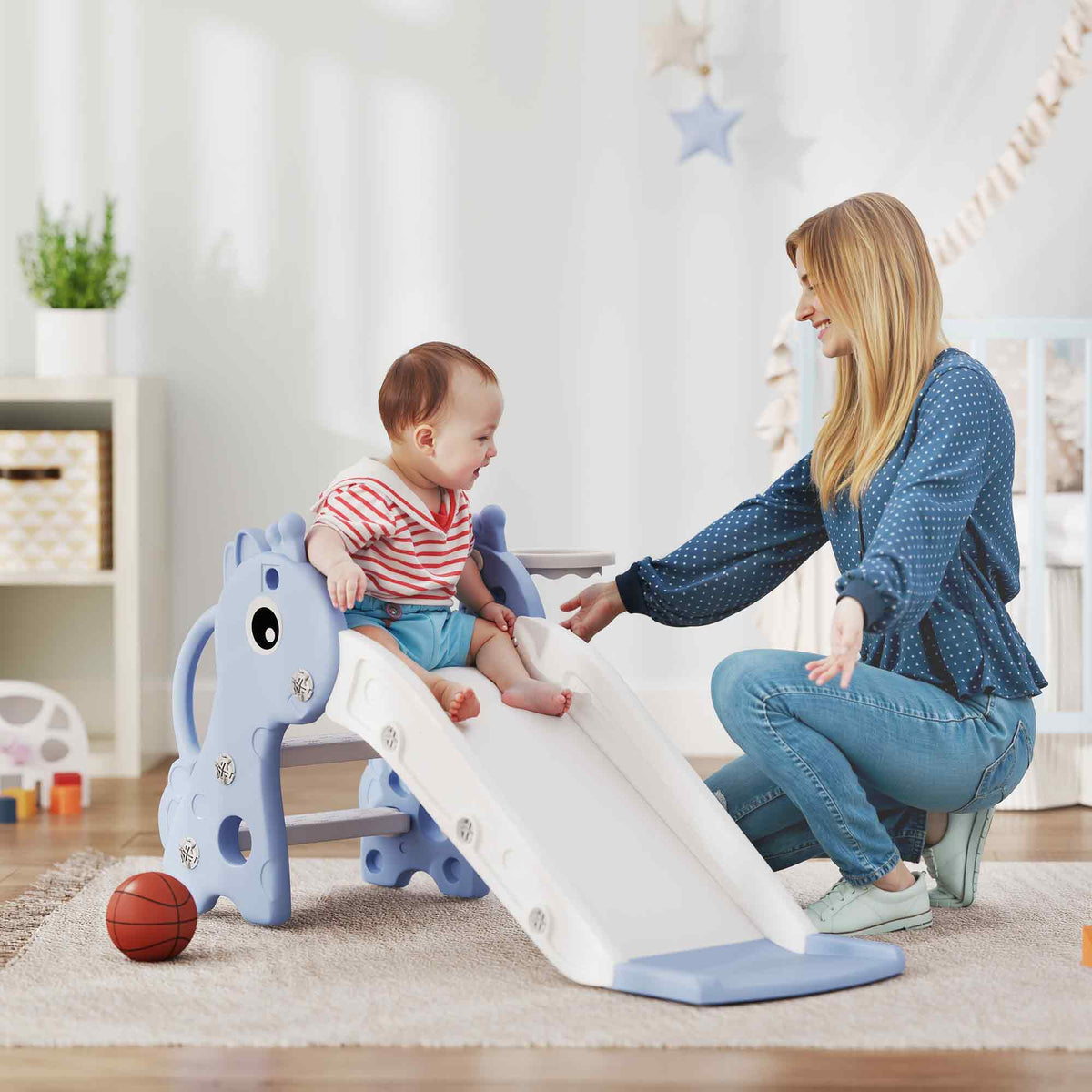 3 In 1 Kids Slide With Climber, Basketball Hoop And Ball | Blue