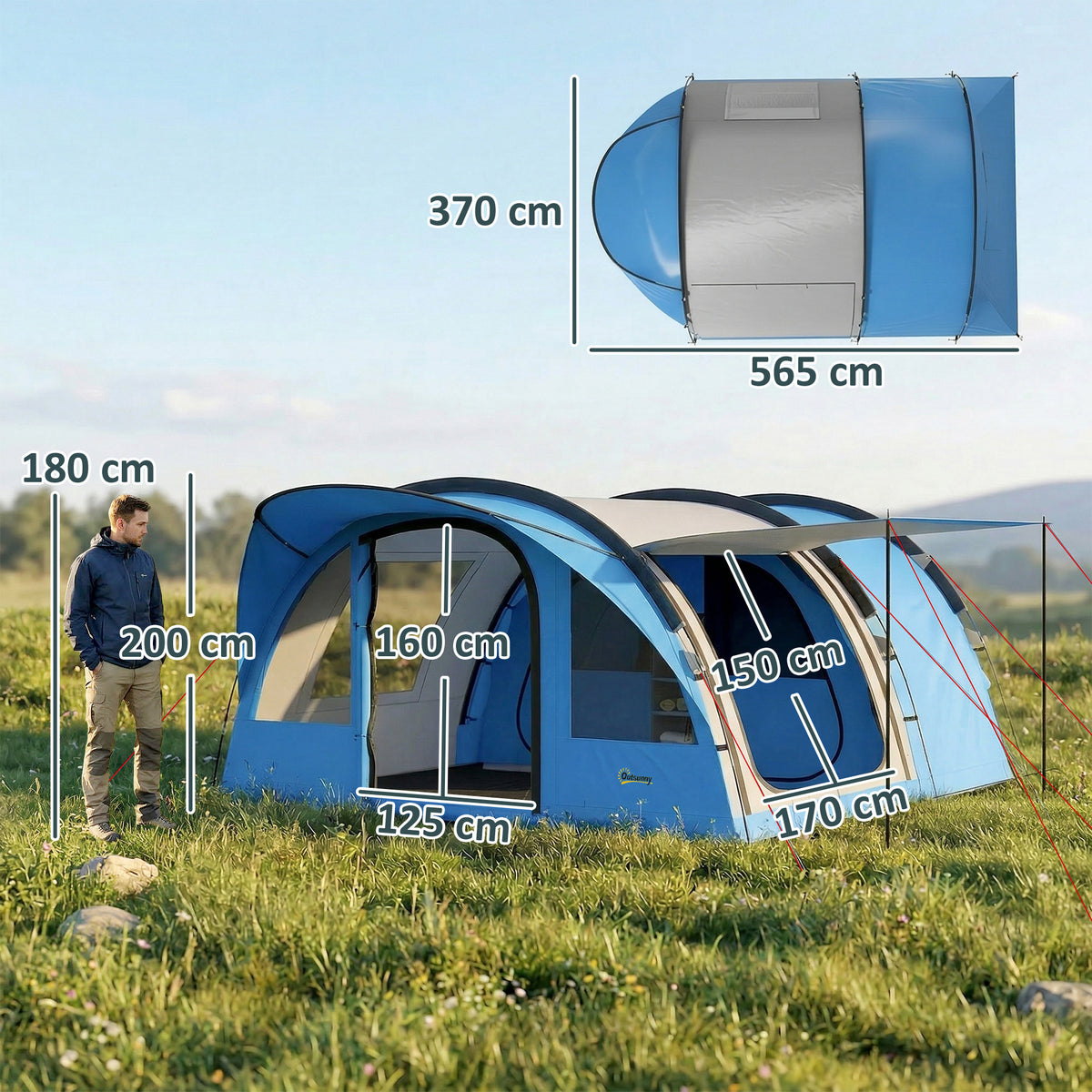 Family Camping Tent Waterproof Tunnel Tent 4 Person | Sky Blue