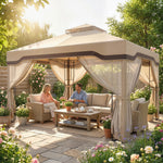 3 X 3.6 M Garden Gazebo With Shelves, Upf50+ Permanent Gazebo | Khaki