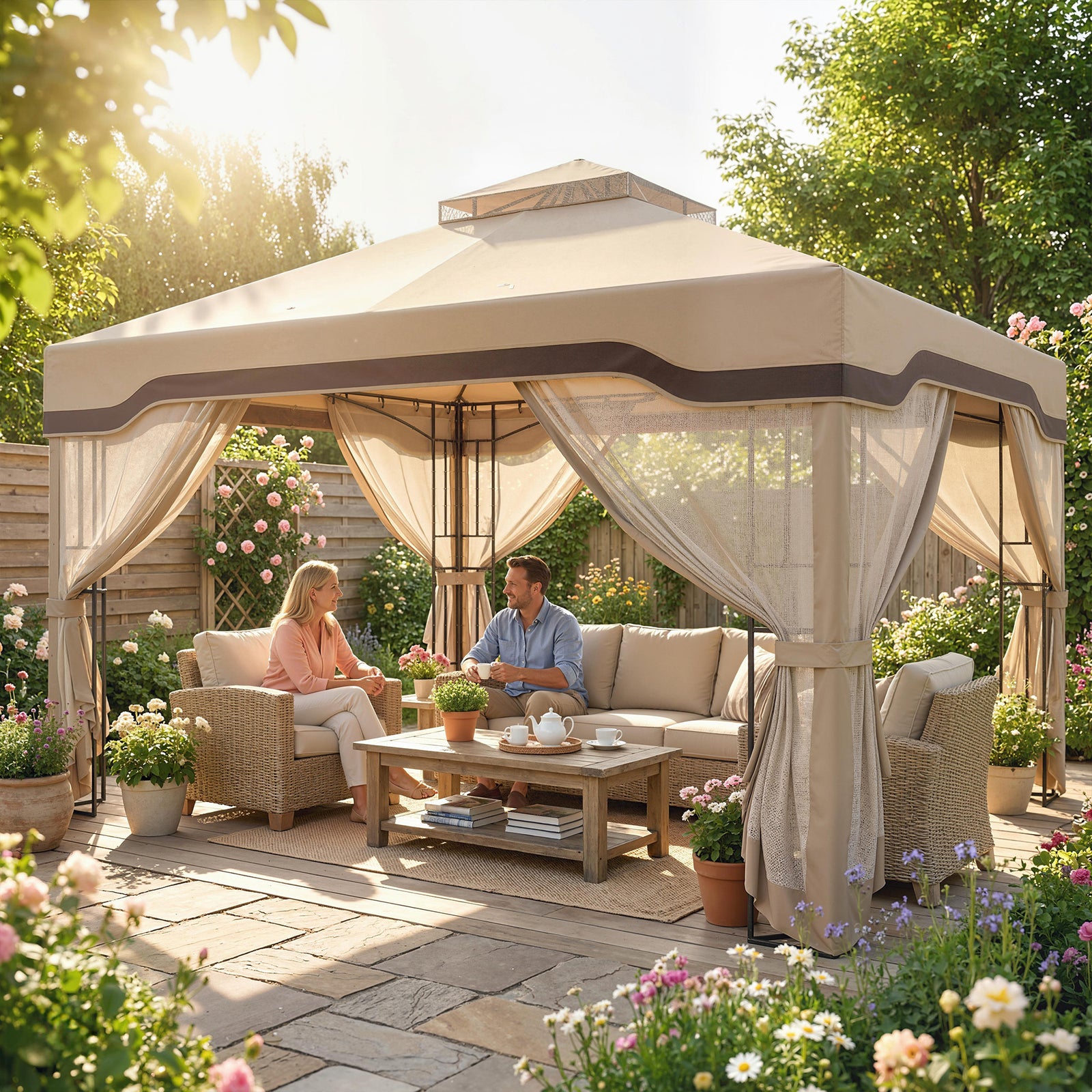 3 X 3.6 M Garden Gazebo With Shelves, Upf50+ Permanent Gazebo | Khaki
