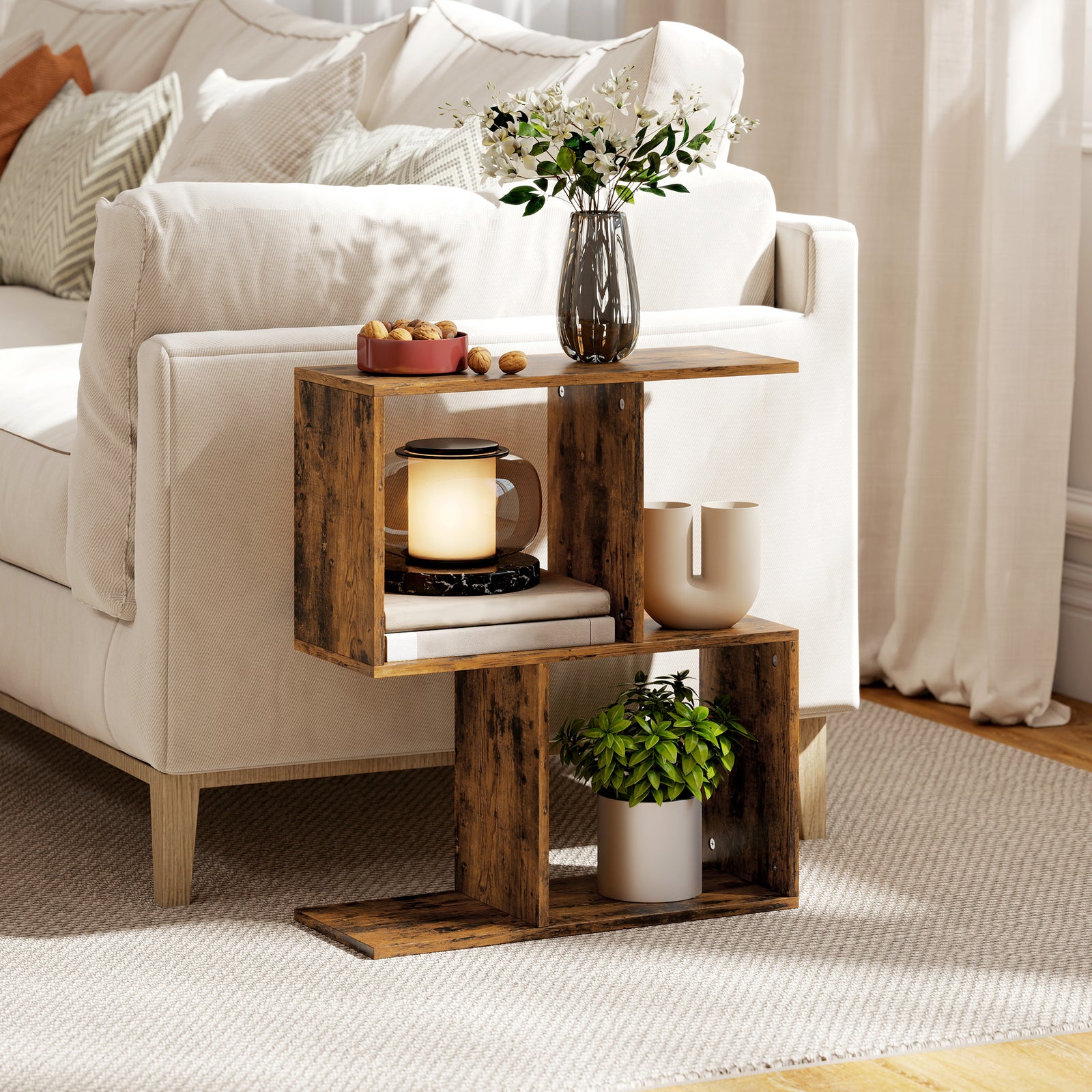Side Table, Narrow End Table With Storage Shelves | Rustic Brown