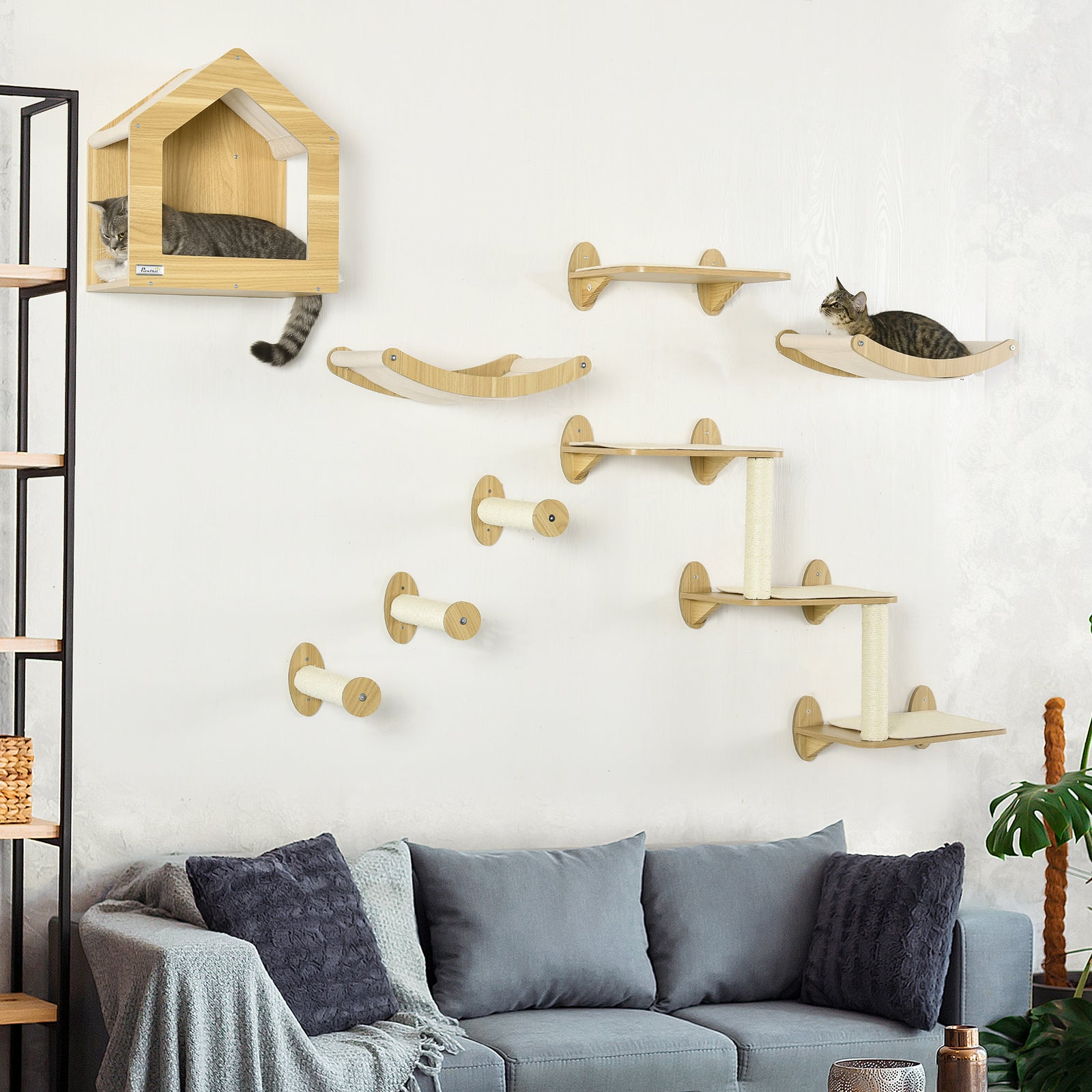 8 Piece Cat Shelves Set With Cat House, 3 Perches