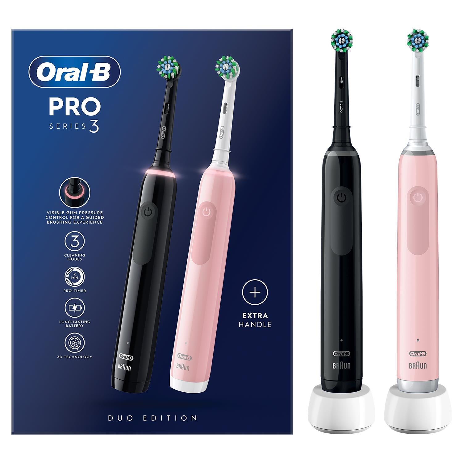 Pro 3 Duo Pack Of Rechargeable Toothbrushes + Travel Case, Black & Pink