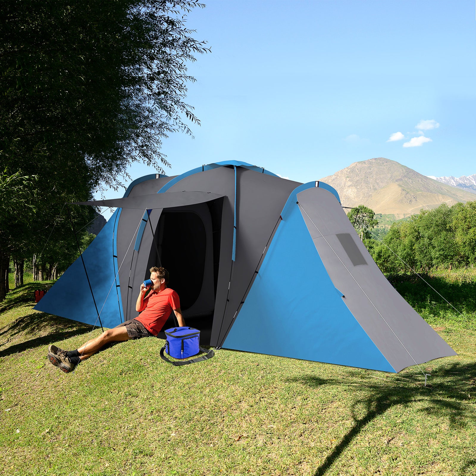 4-6 Man Large Camping Tent With 2 Bedroom And Living Area | Blue