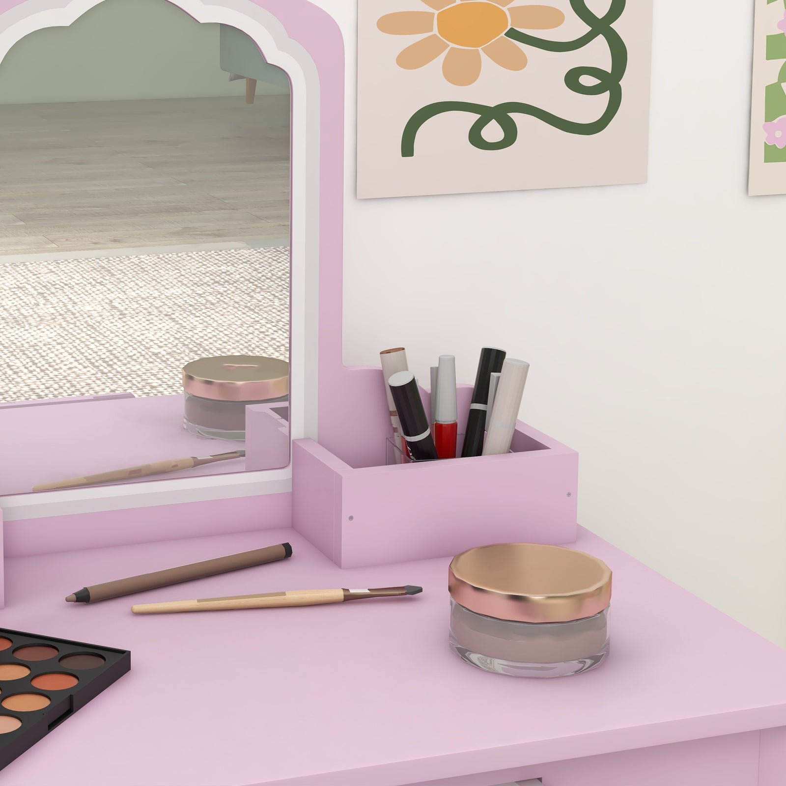 Dressing Table With Mirror And Stool, Drawer, Storage Boxes, Cloud Design | Pink