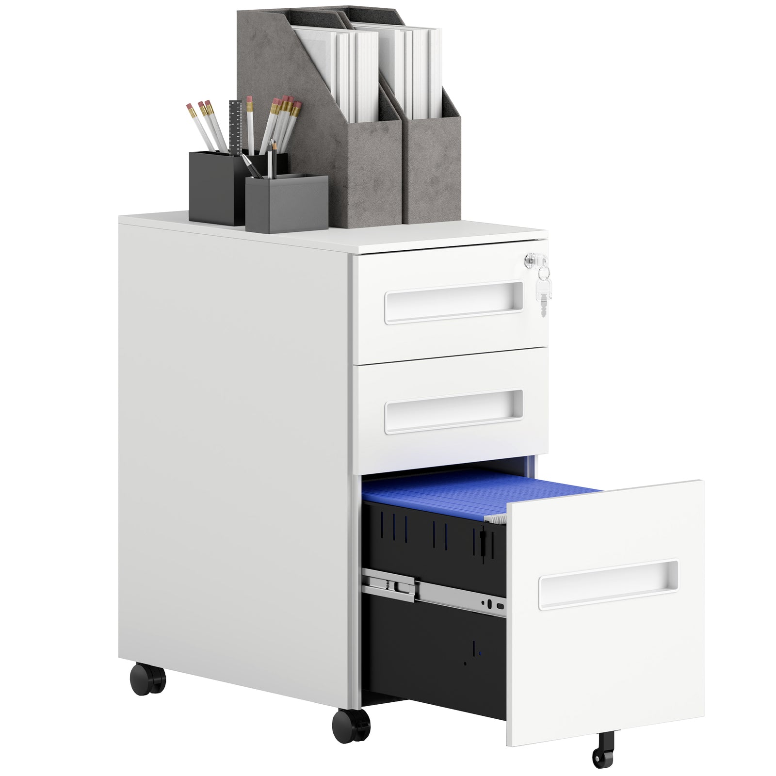 Lockable Mobile Filing Cabinet W/ 3 Drawers | Small | White