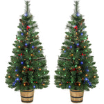 HOMCOM 2 Pcs Prelit Christmas Trees With Dual-colour Lights, Red Berry, 4ft
