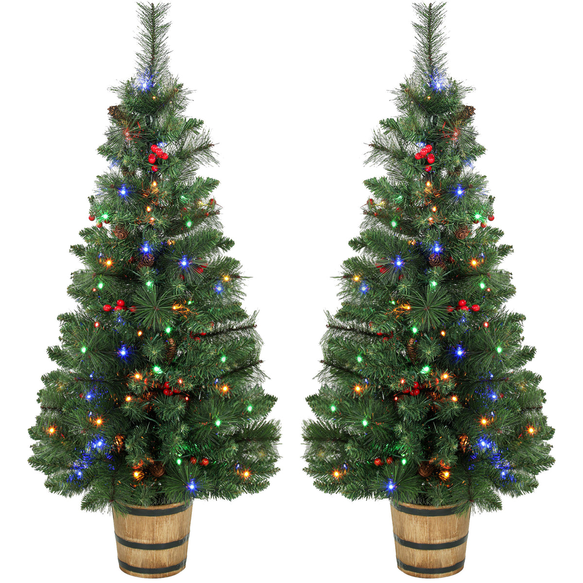 HOMCOM 2 Pcs Prelit Christmas Trees With Dual-colour Lights, Red Berry, 4ft