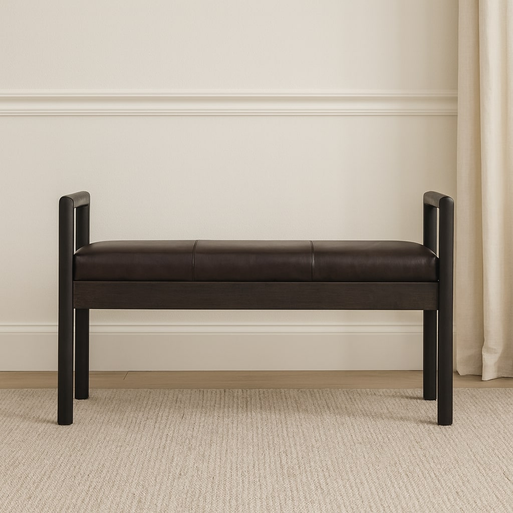Gridline Bench, Upholestered Rich Black Leather, Black