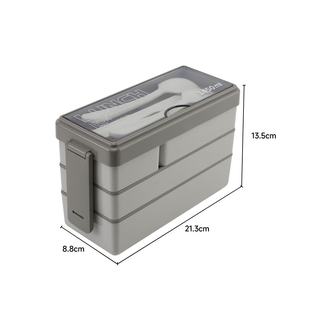 Bento-style Plastic Lunch Box With Cutlery 3-layer | Khaki