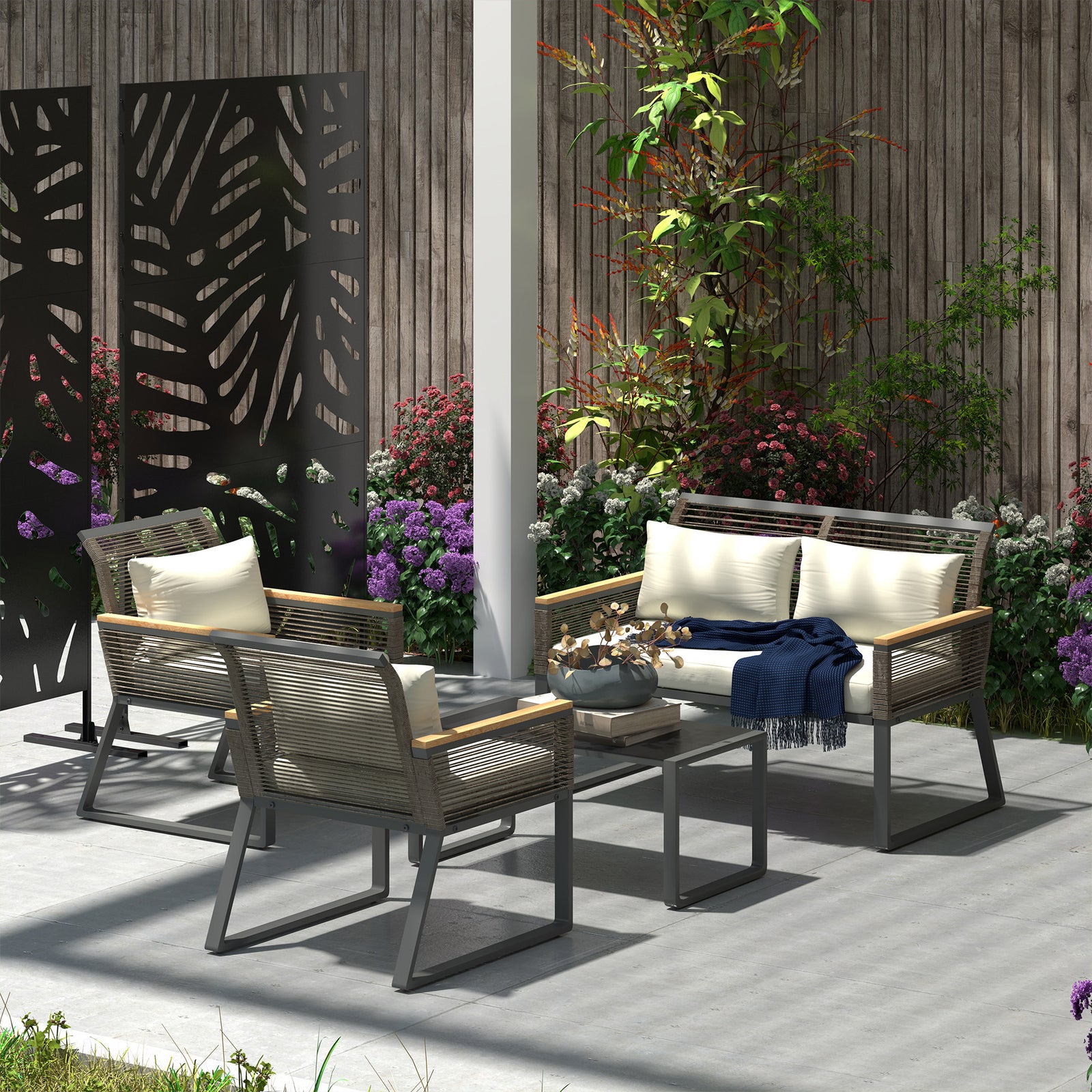 4 Seater Round Wicker Rope Garden Furniture Set W/ Cushions