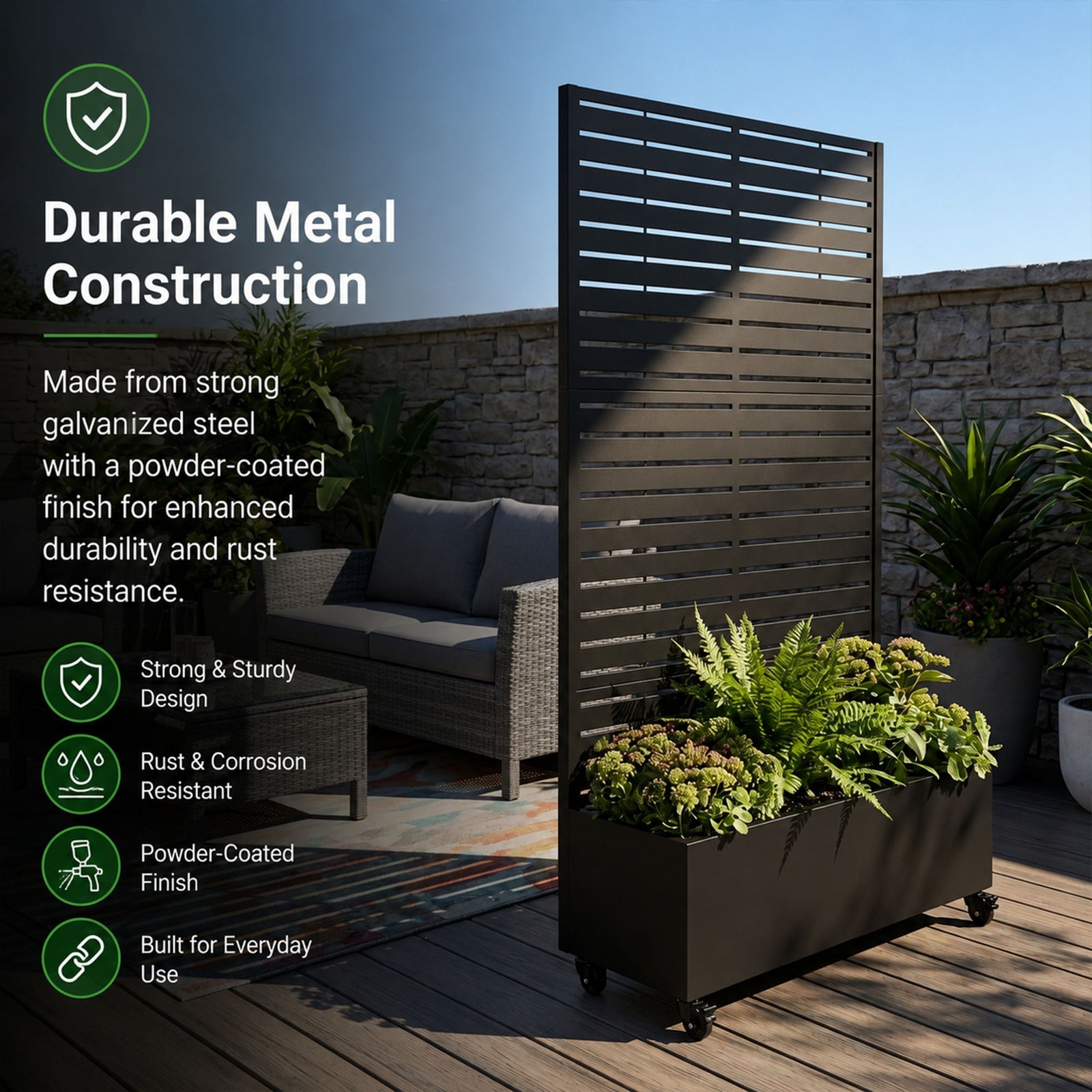 Metal Privacy Screen With Plant Pot - Slat | Black