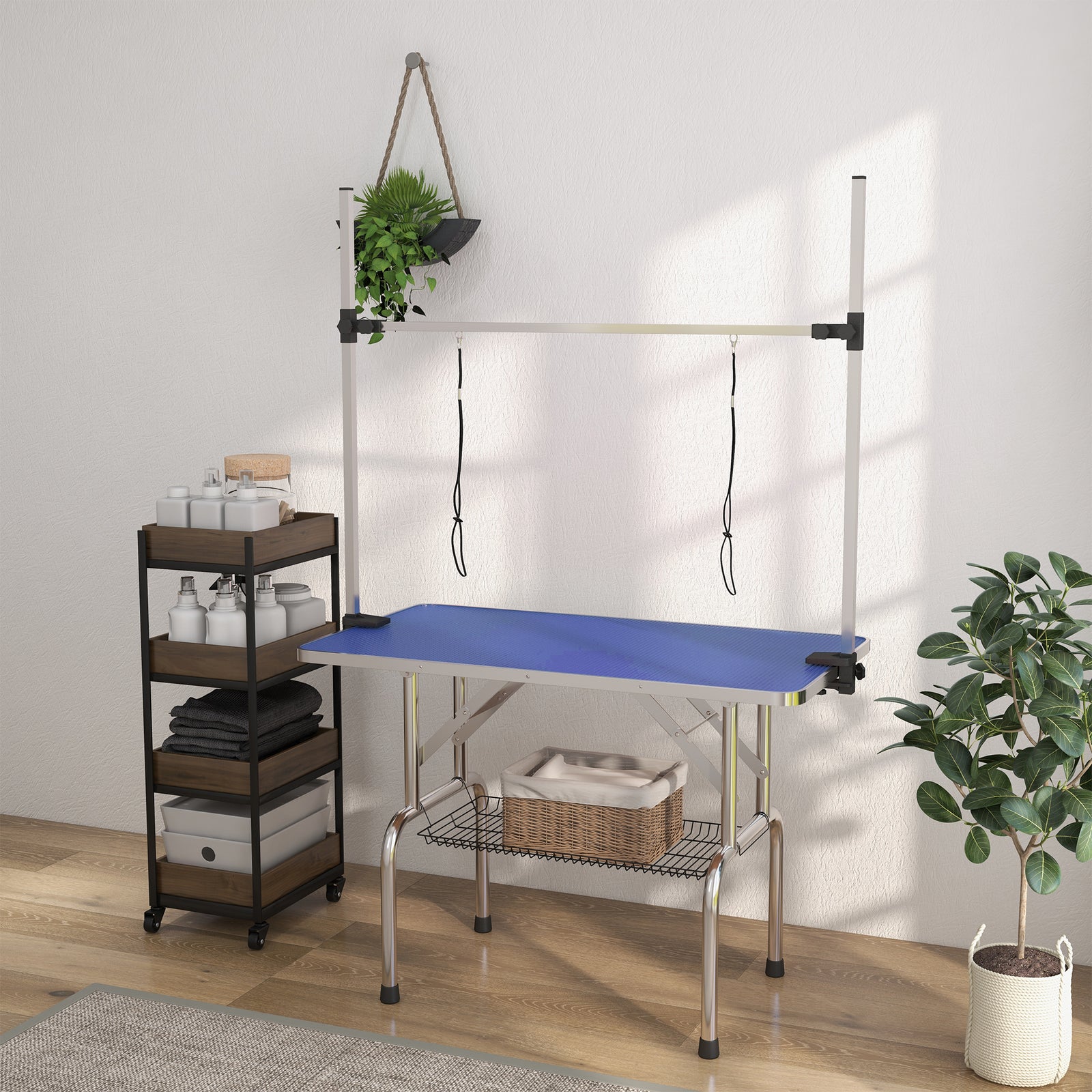 Metal Adjustable Dog Grooming Table Rubber Top 2 Safety Slings Mesh | Blue