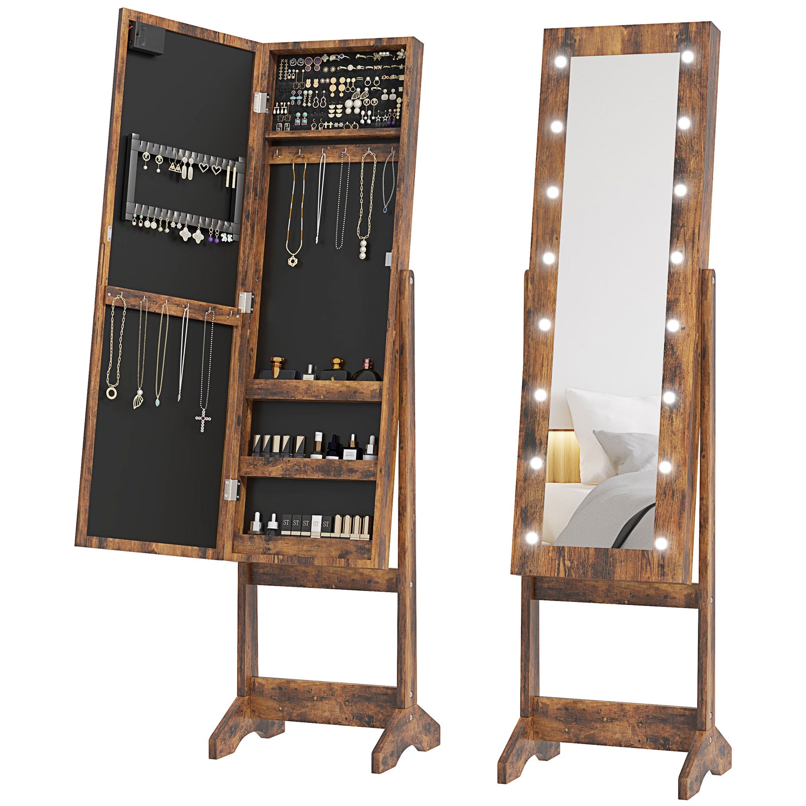 Freestanding Mirror Jewelry Cabinet With Led Lights | Brown