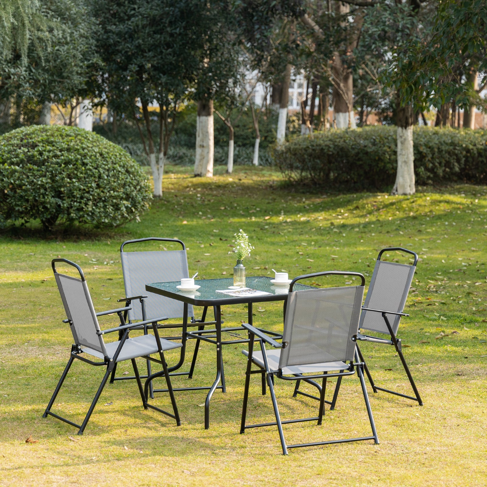 5 Piece Garden Set 4 Folding Chairs W/ Parasol Hole