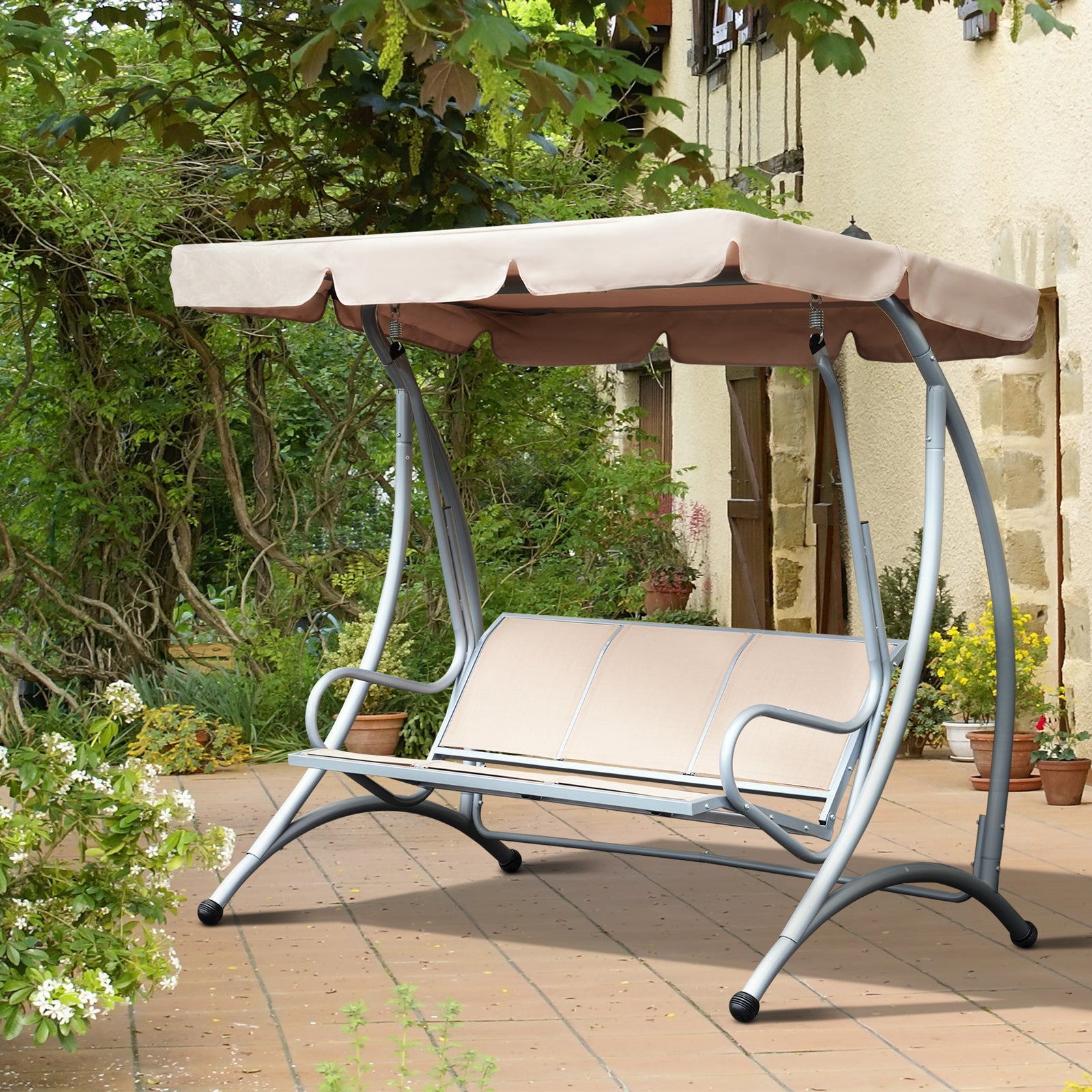 3 Seat Metal Fabric Backyard Balcony Patio Swing Chair | Beige