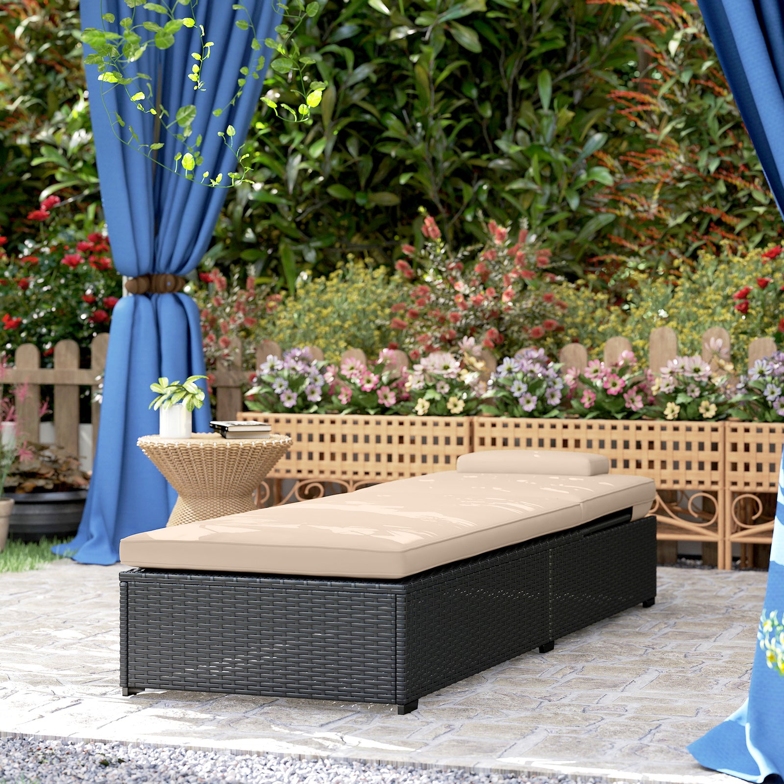 Rattan Sun Lounger, Garden Recliner W/ 5-level Back, Cushion | Black