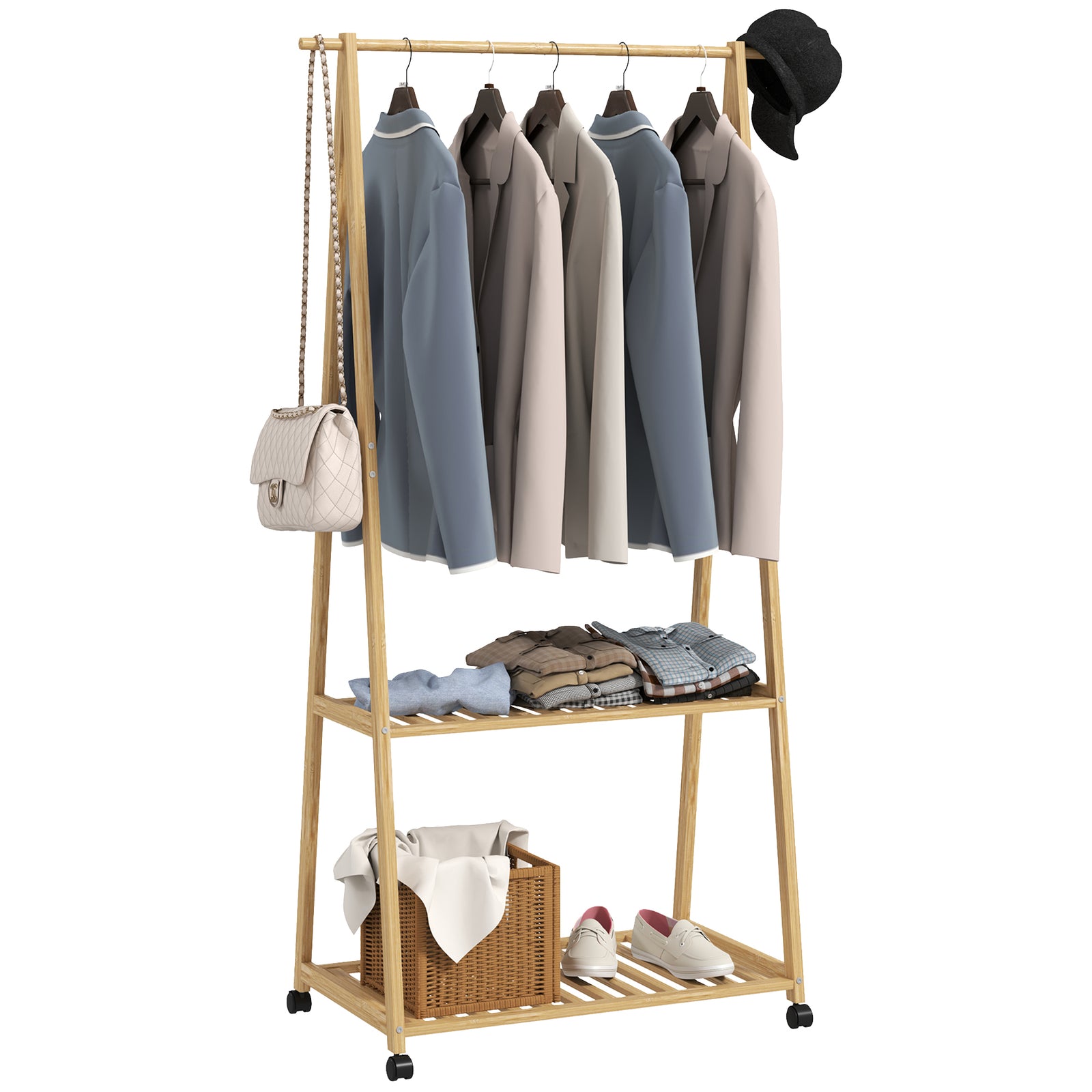 Bamboo Clothes Rail Rack With 2 Storage Shelves