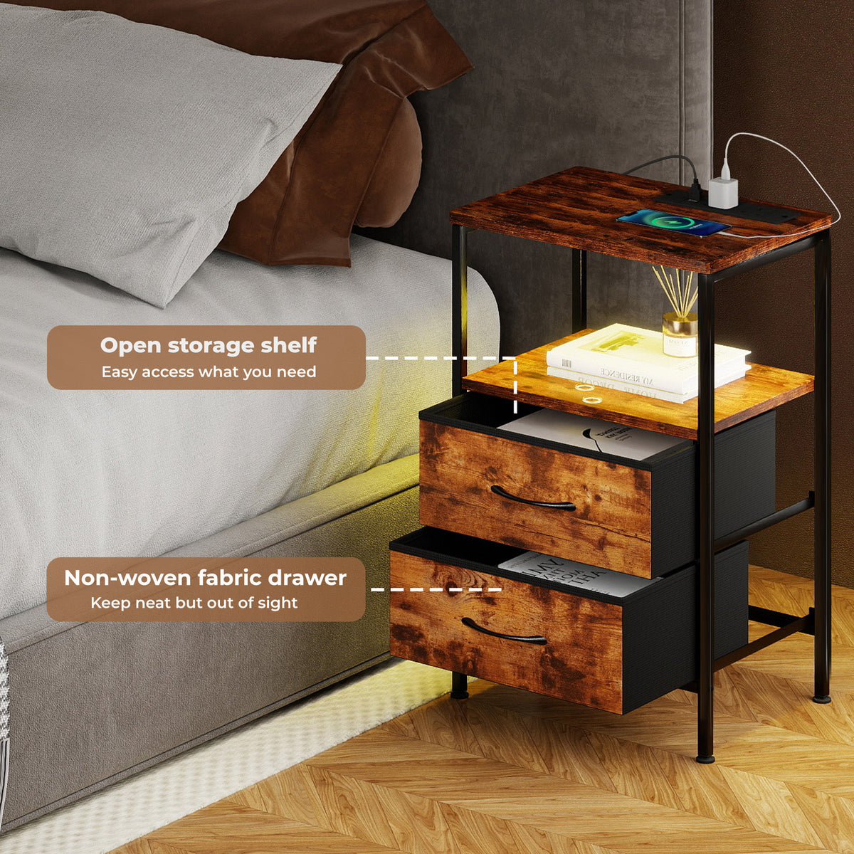 Led Bedside Table 2 Drawers Usb Ports Sofa End Table In Brown Black | Brown