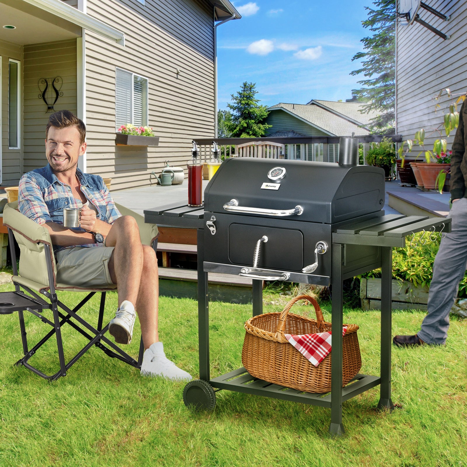 Charcoal Grill Trolley, Adjustable Pan, Shelves | Black