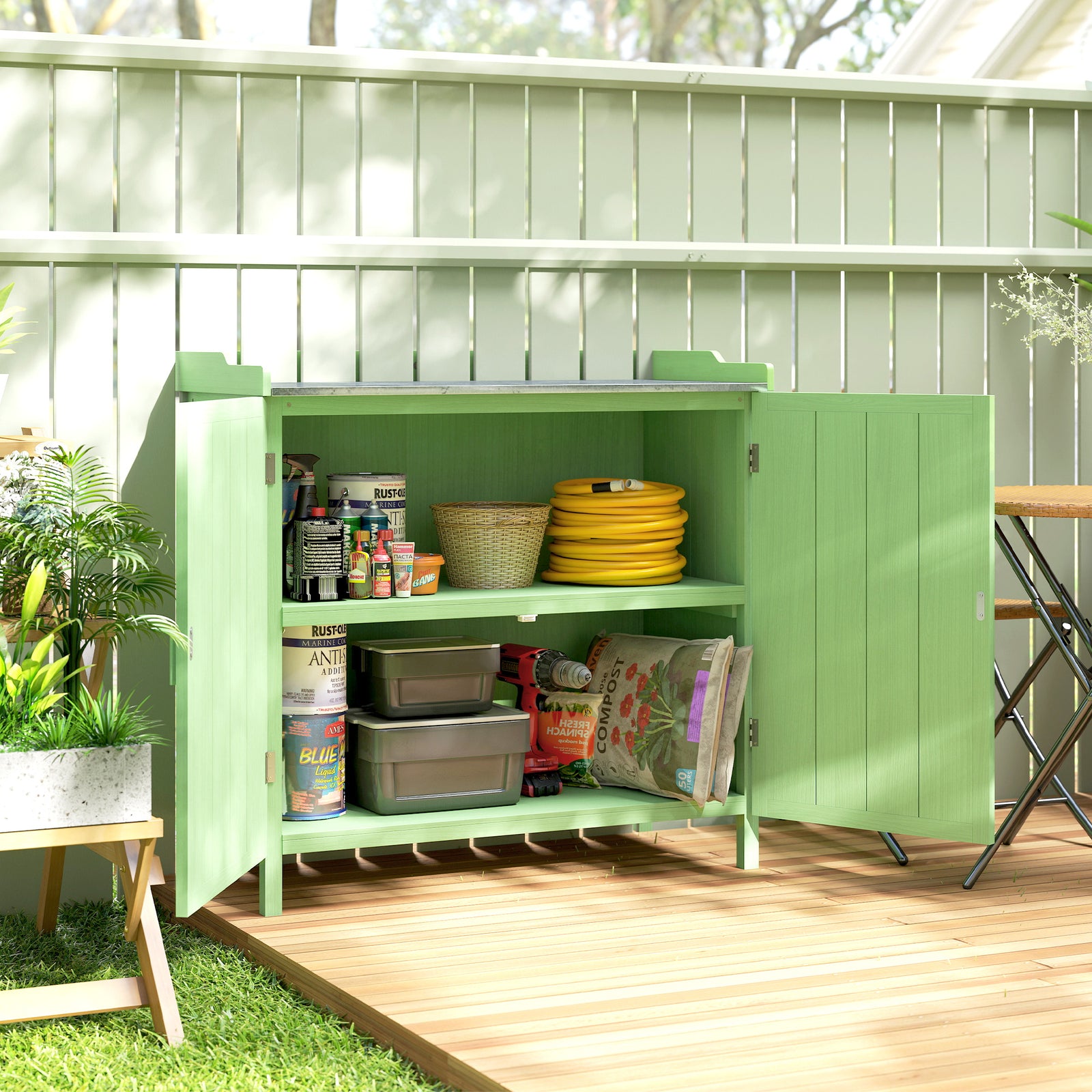 Garden Storage Cabinet Potting Bench Galvanised Top Green