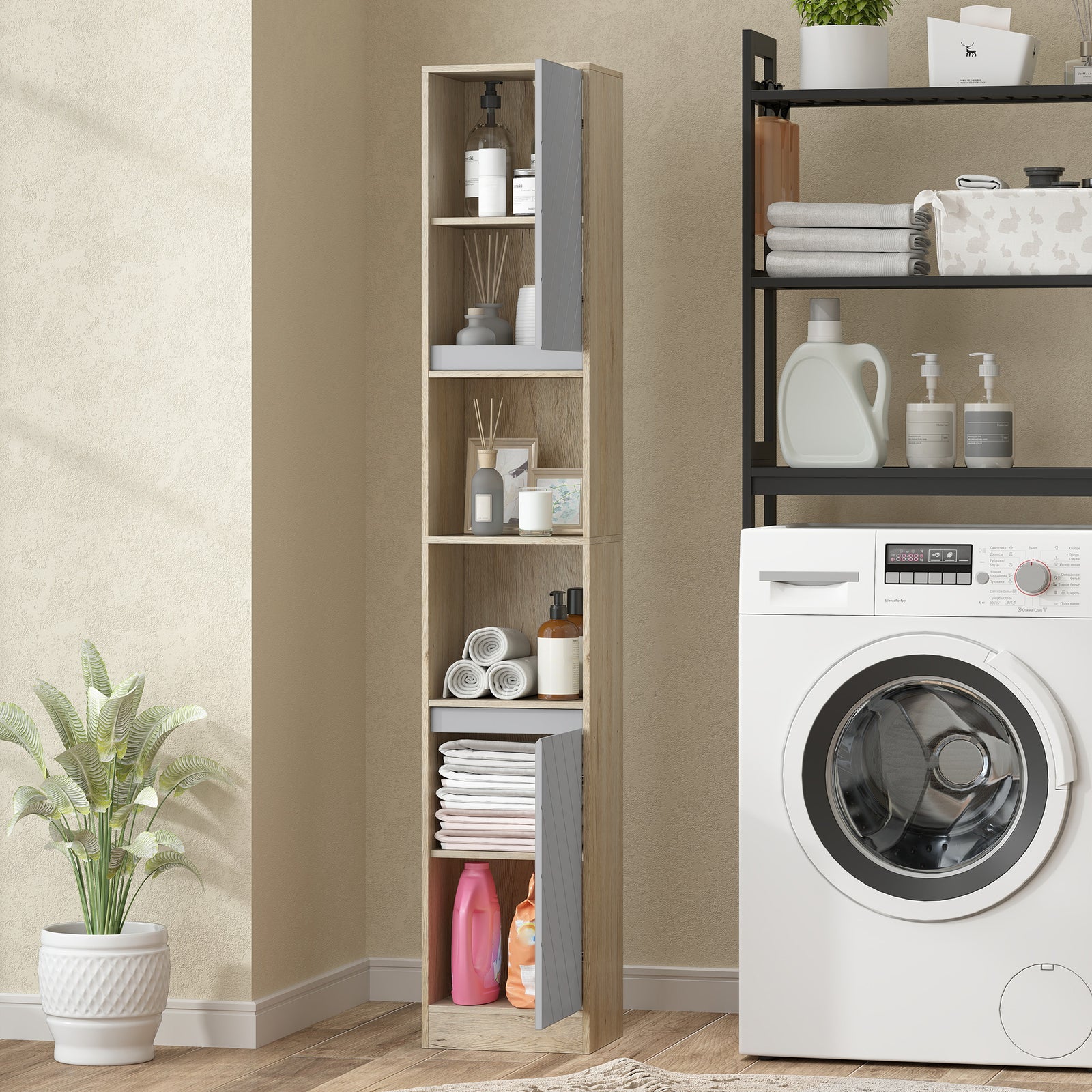 Freestanding Storage Cabinet Slimline Unit W/ 2 Cupboards