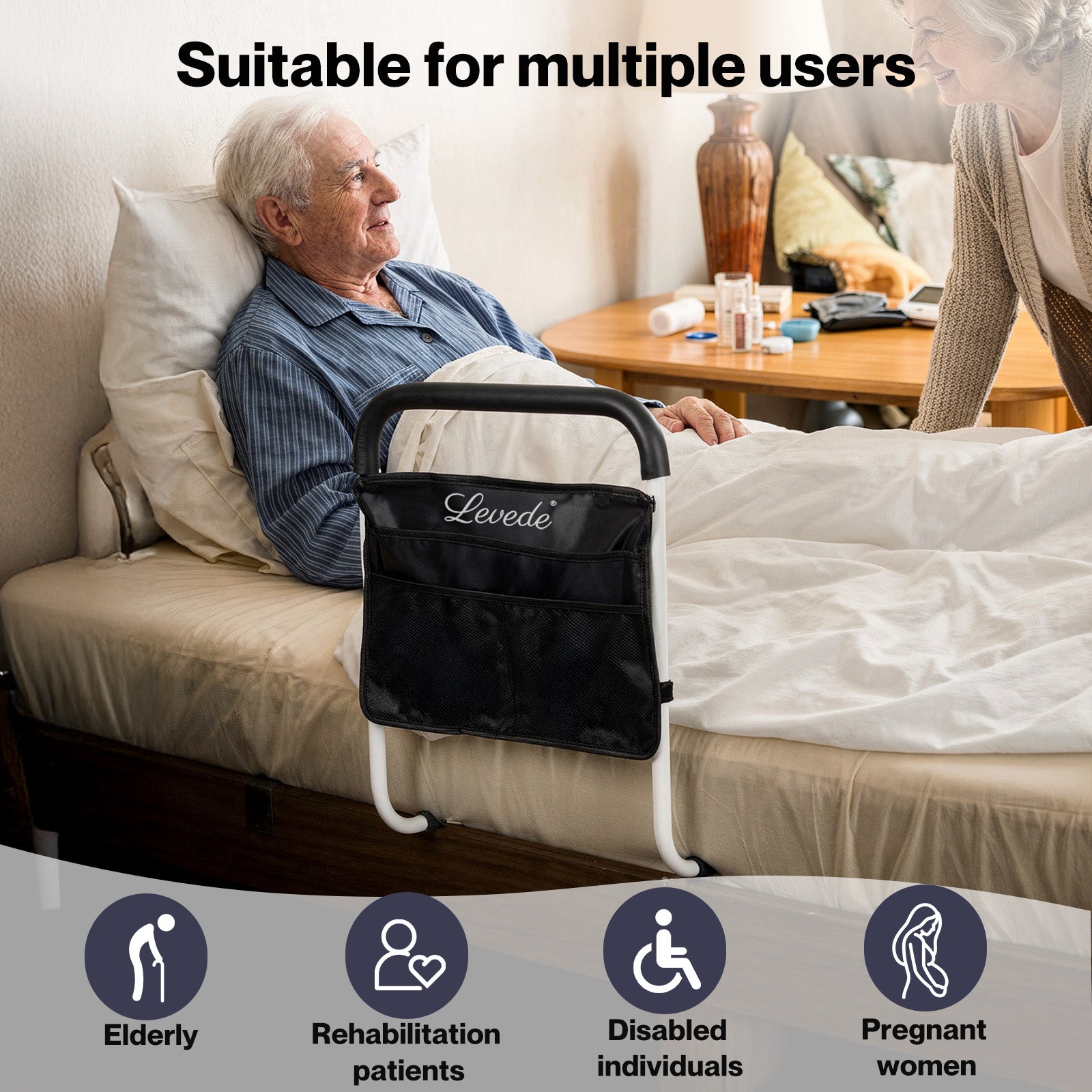 Bed Rails Adjustable Storage Pocket Assist Support Side Railings | White & Black